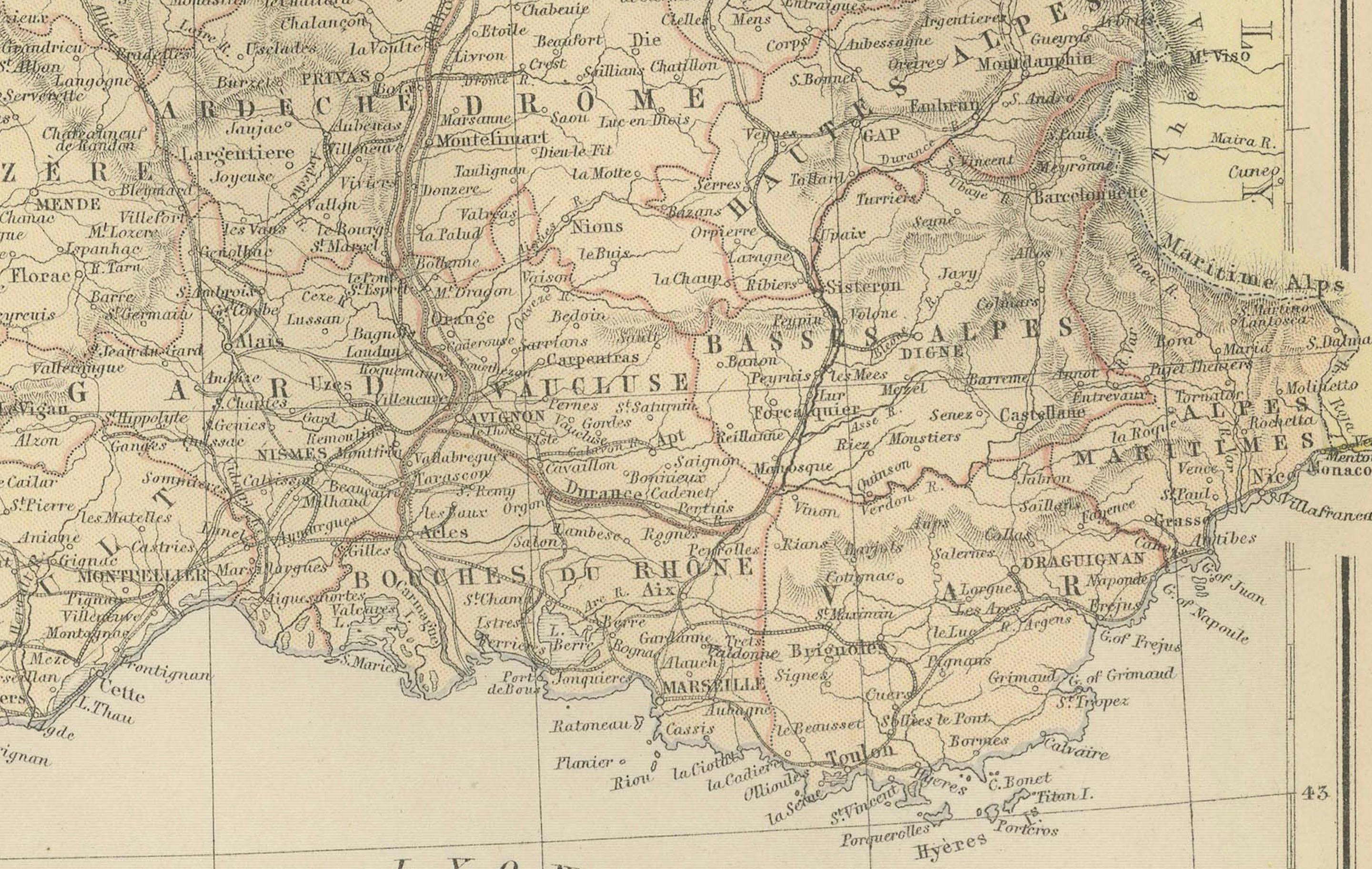 1882 Karte von Frankreich mit politischen Grenzen, Städten und Einschnitten aus Korsika (Spätes 19. Jahrhundert) im Angebot