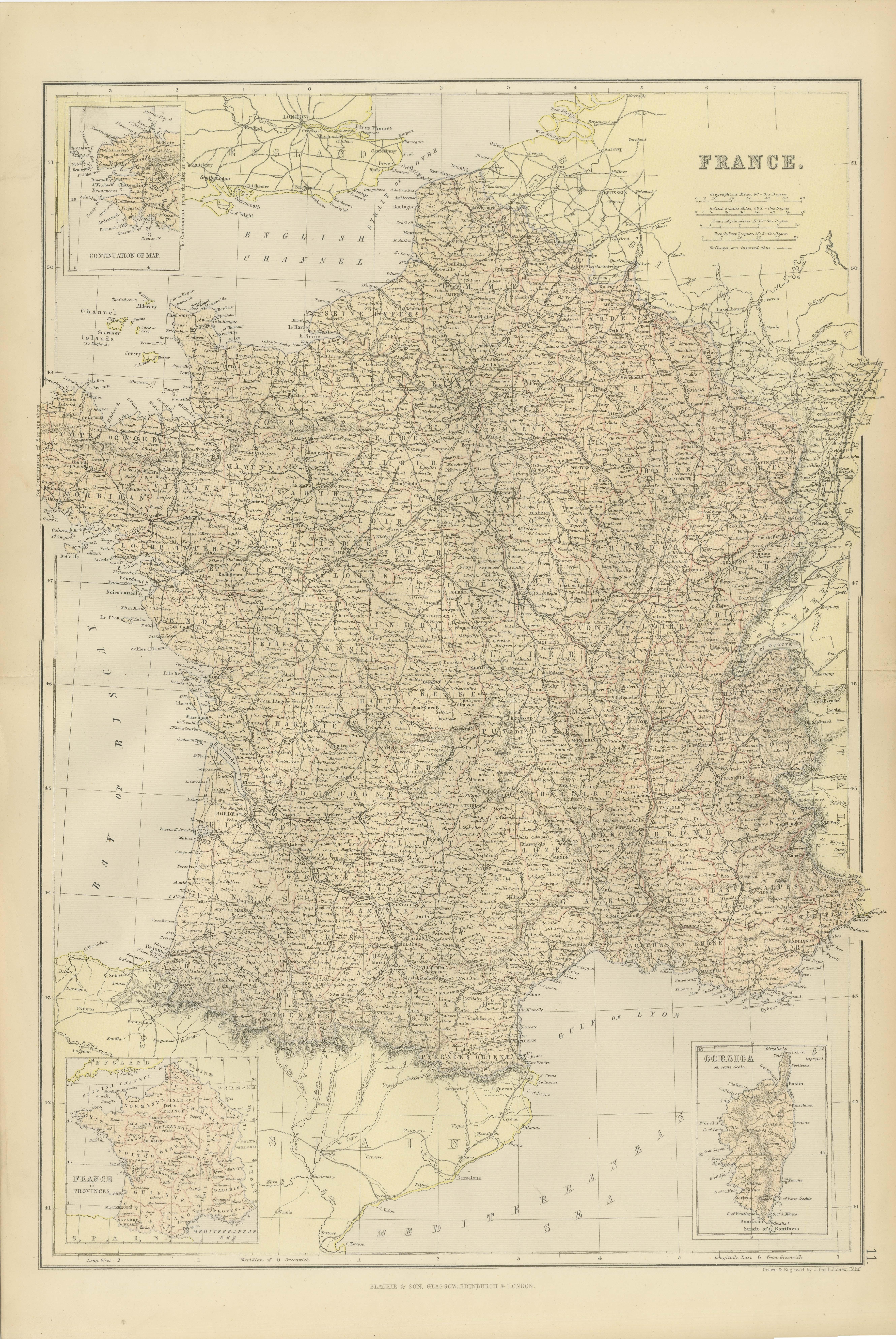 1882 Karte von Frankreich mit politischen Grenzen, Städten und Einschnitten aus Korsika im Angebot 2