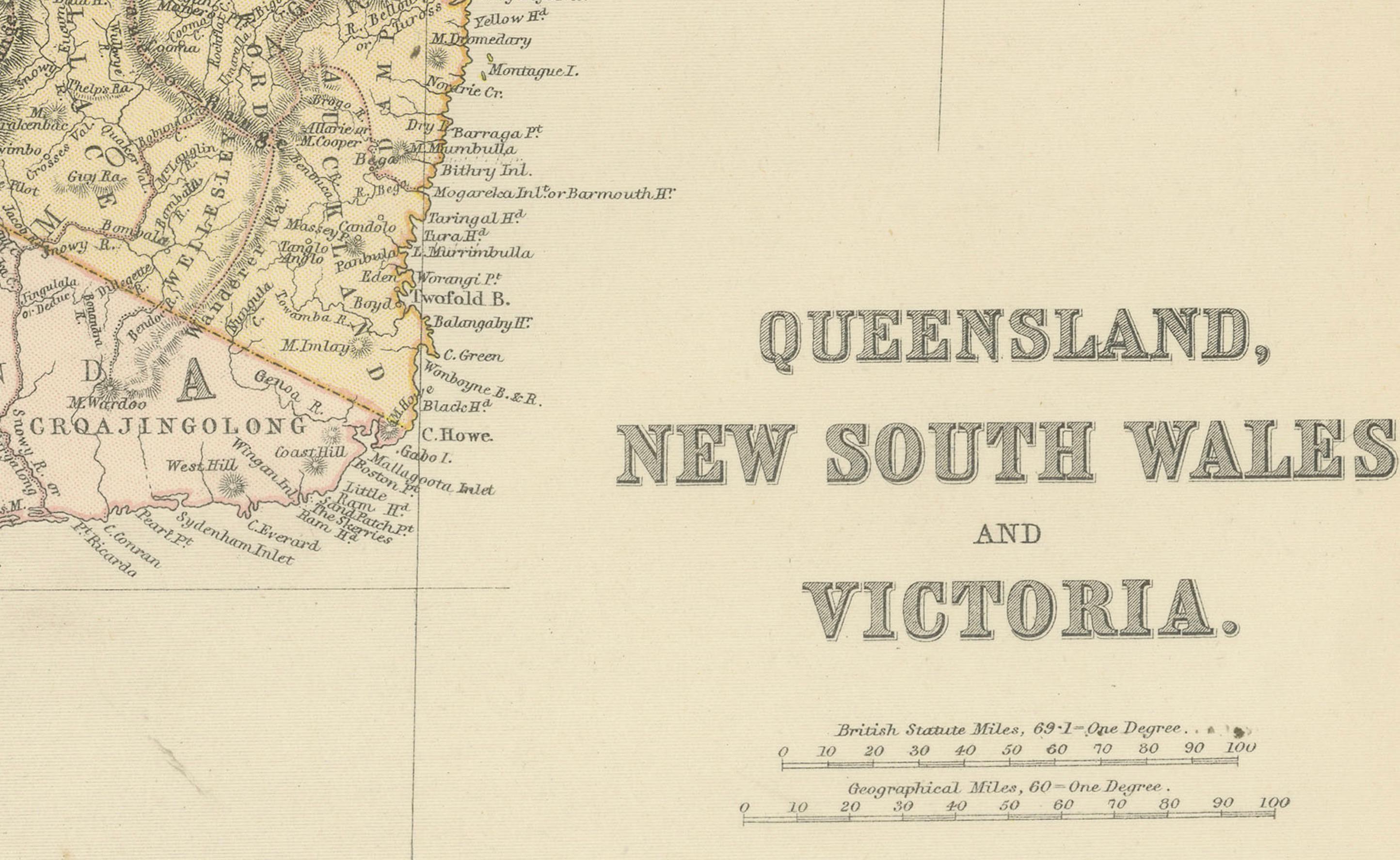 Carte du Queensland, du Nouveau-Galles du Sud et de Victoria avec caractéristiques détaillées, 1882 Bon état - En vente à Langweer, NL