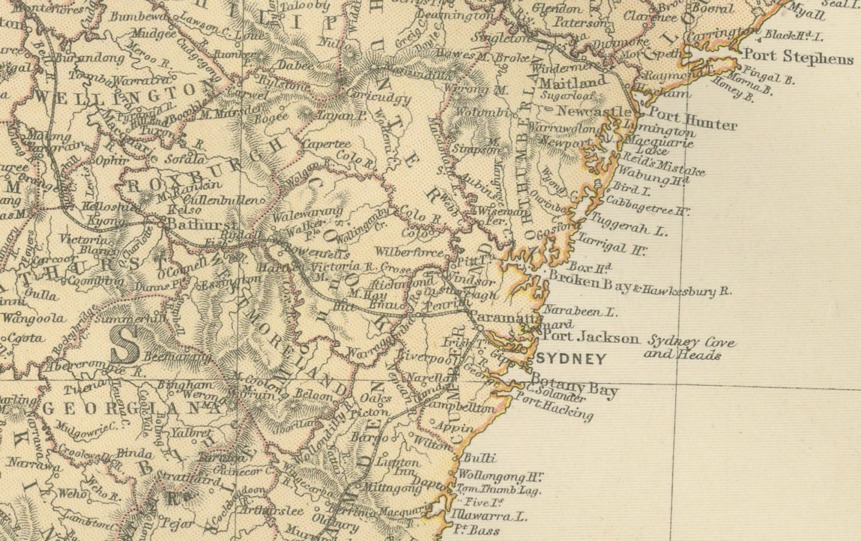 Fin du XIXe siècle Carte du Queensland, du Nouveau-Galles du Sud et de Victoria avec caractéristiques détaillées, 1882 en vente