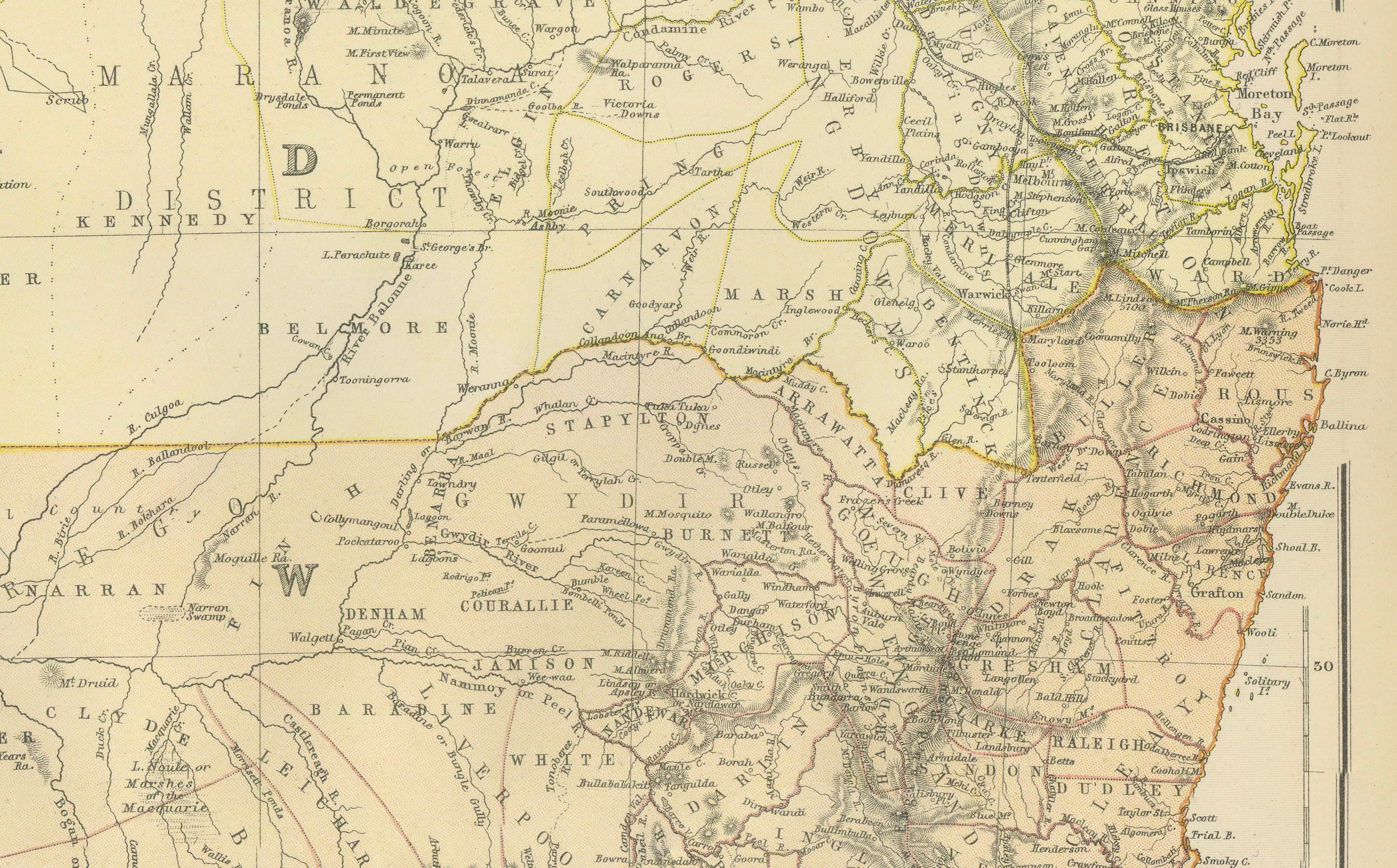 Papier Carte du Queensland, du Nouveau-Galles du Sud et de Victoria avec caractéristiques détaillées, 1882 en vente