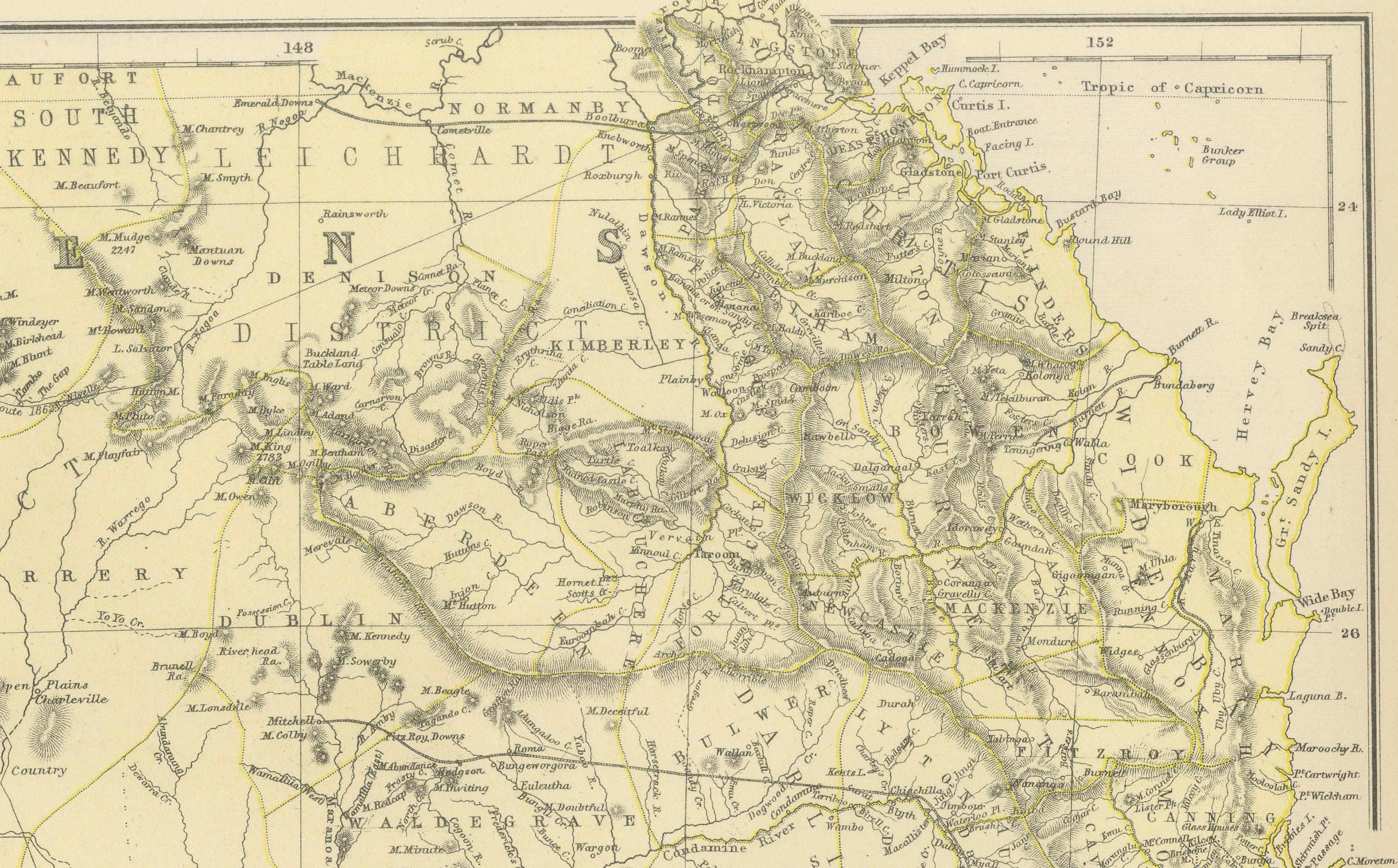 Carte du Queensland, du Nouveau-Galles du Sud et de Victoria avec caractéristiques détaillées, 1882 en vente 1