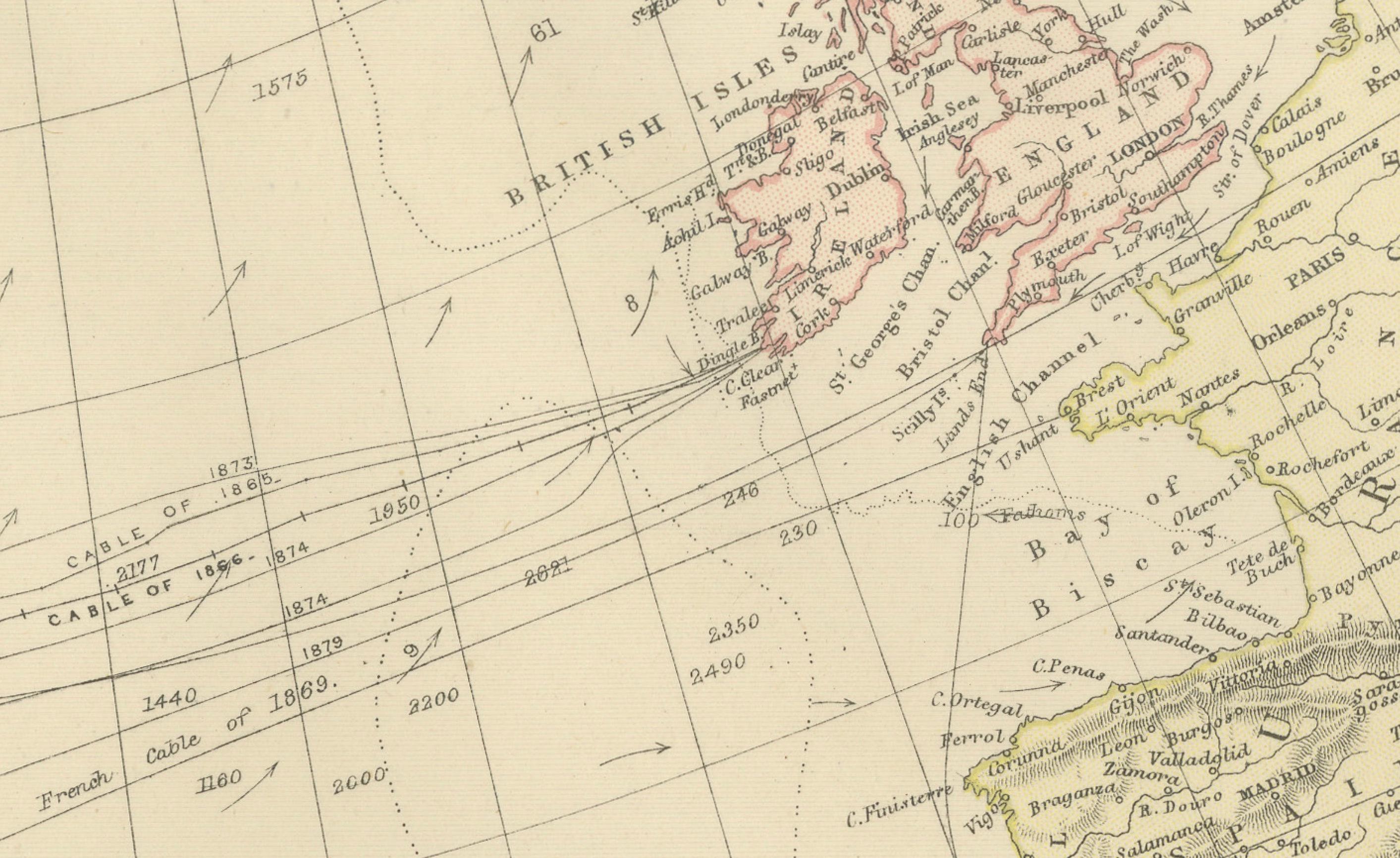 Fine XIX secolo Mappa del 1882 dell'Oceano Atlantico settentrionale con le tracce dei cavi e gli alisei in vendita