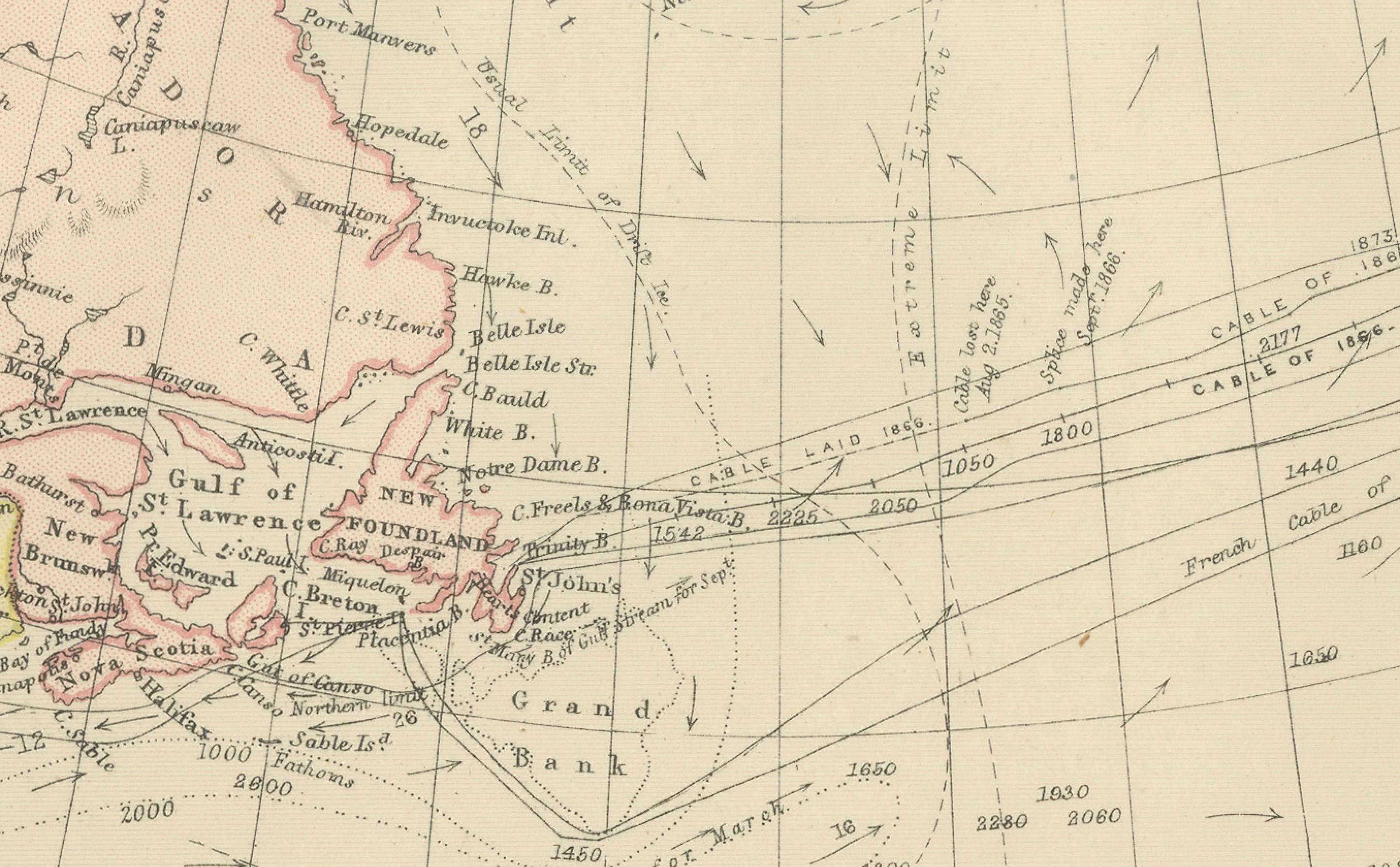 Carta Mappa del 1882 dell'Oceano Atlantico settentrionale con le tracce dei cavi e gli alisei in vendita