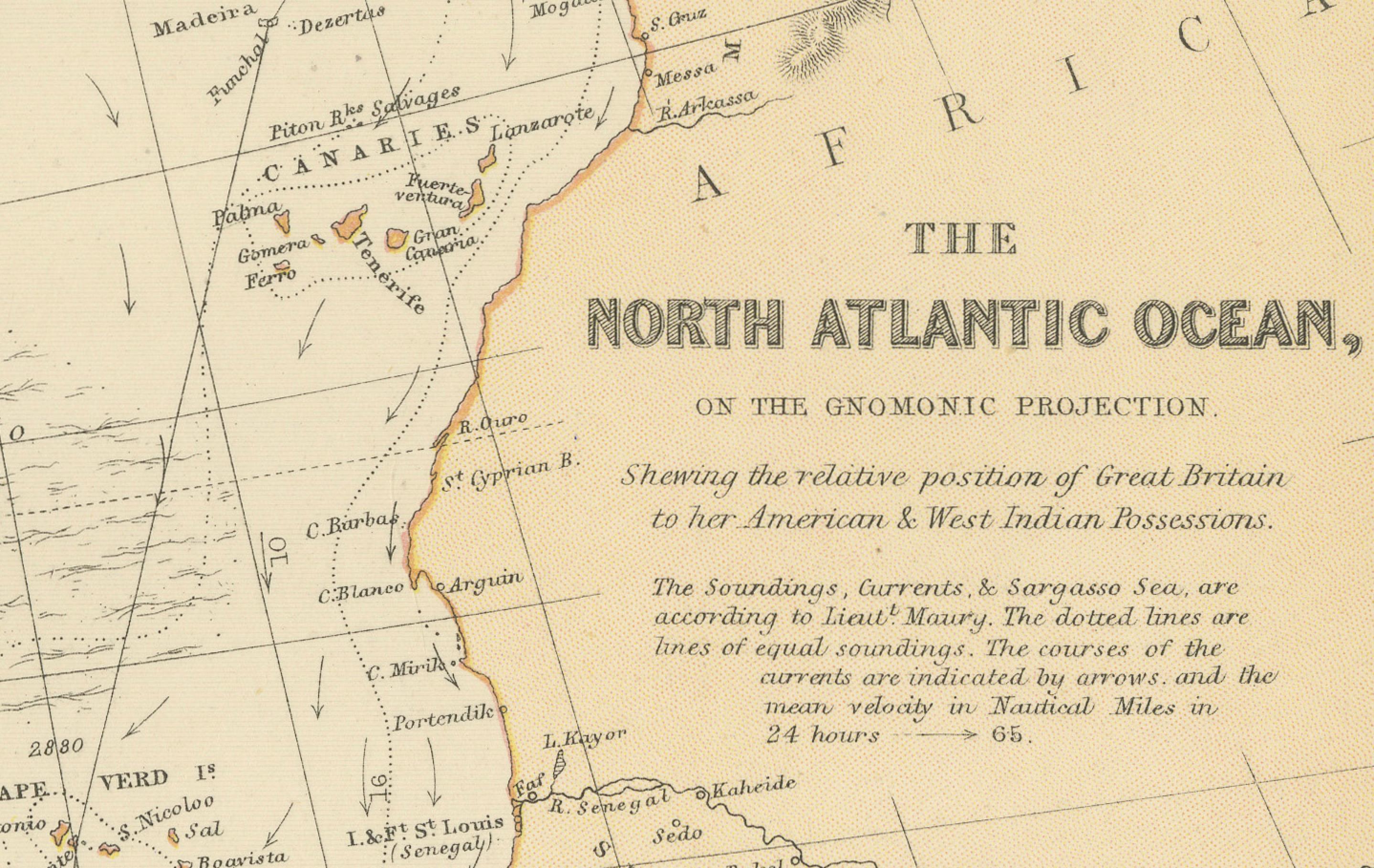Mappa del 1882 dell'Oceano Atlantico settentrionale con le tracce dei cavi e gli alisei in vendita 1
