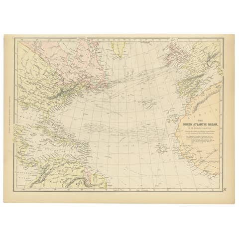 1882 Map of the North Atlantic Ocean Showing Cable Tracks and Trade Winds