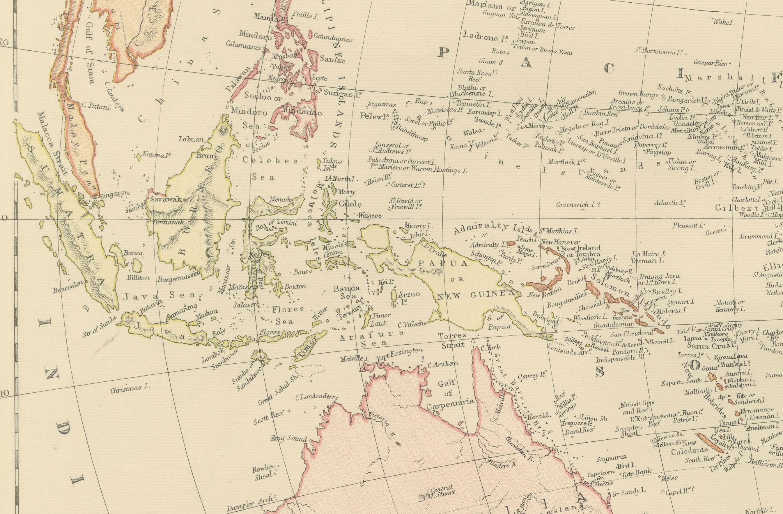 Mapa de 1882 del Océano Pacífico en el que se destacan las islas y las regiones circundantes en Bueno estado para la venta en Langweer, NL