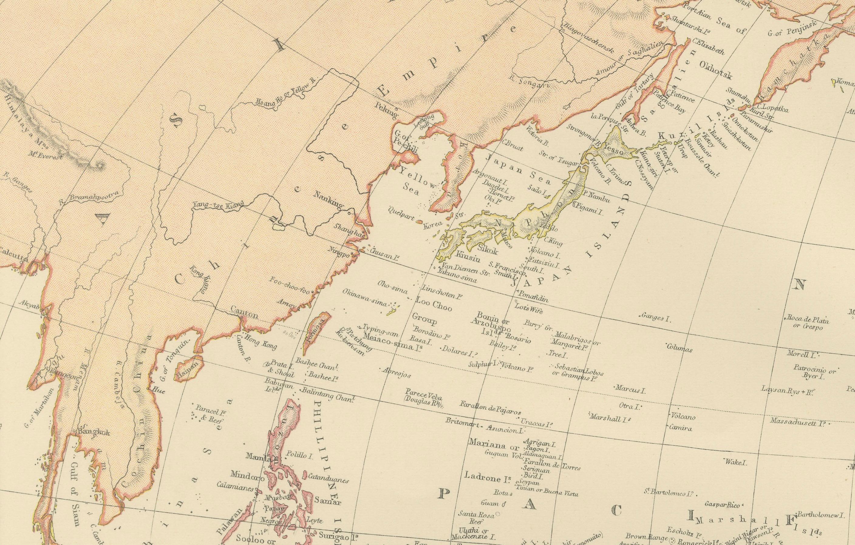 Mapa de 1882 del Océano Pacífico en el que se destacan las islas y las regiones circundantes Fines del siglo XIX en venta