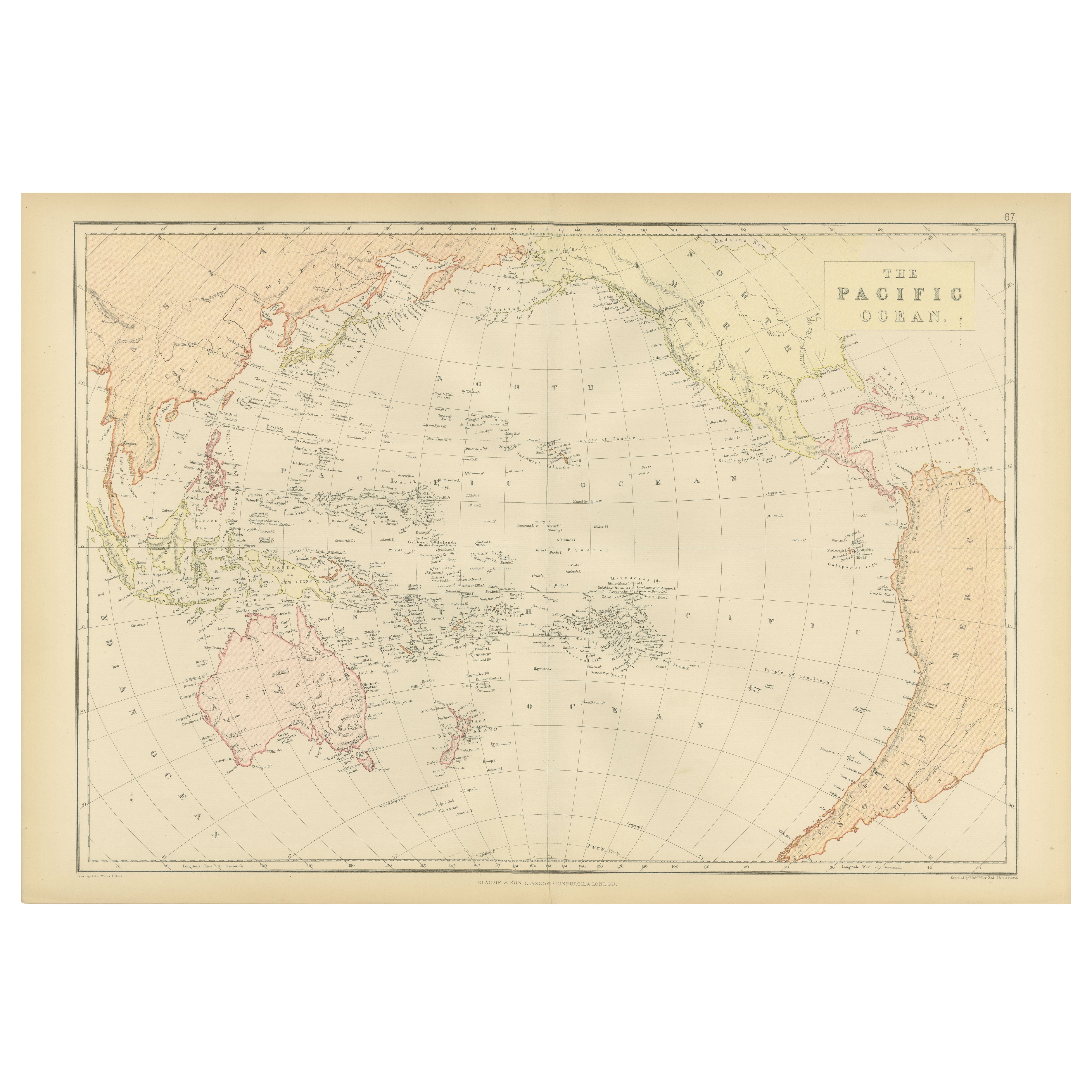 Mapa de 1882 del Océano Pacífico en el que se destacan las islas y las regiones circundantes