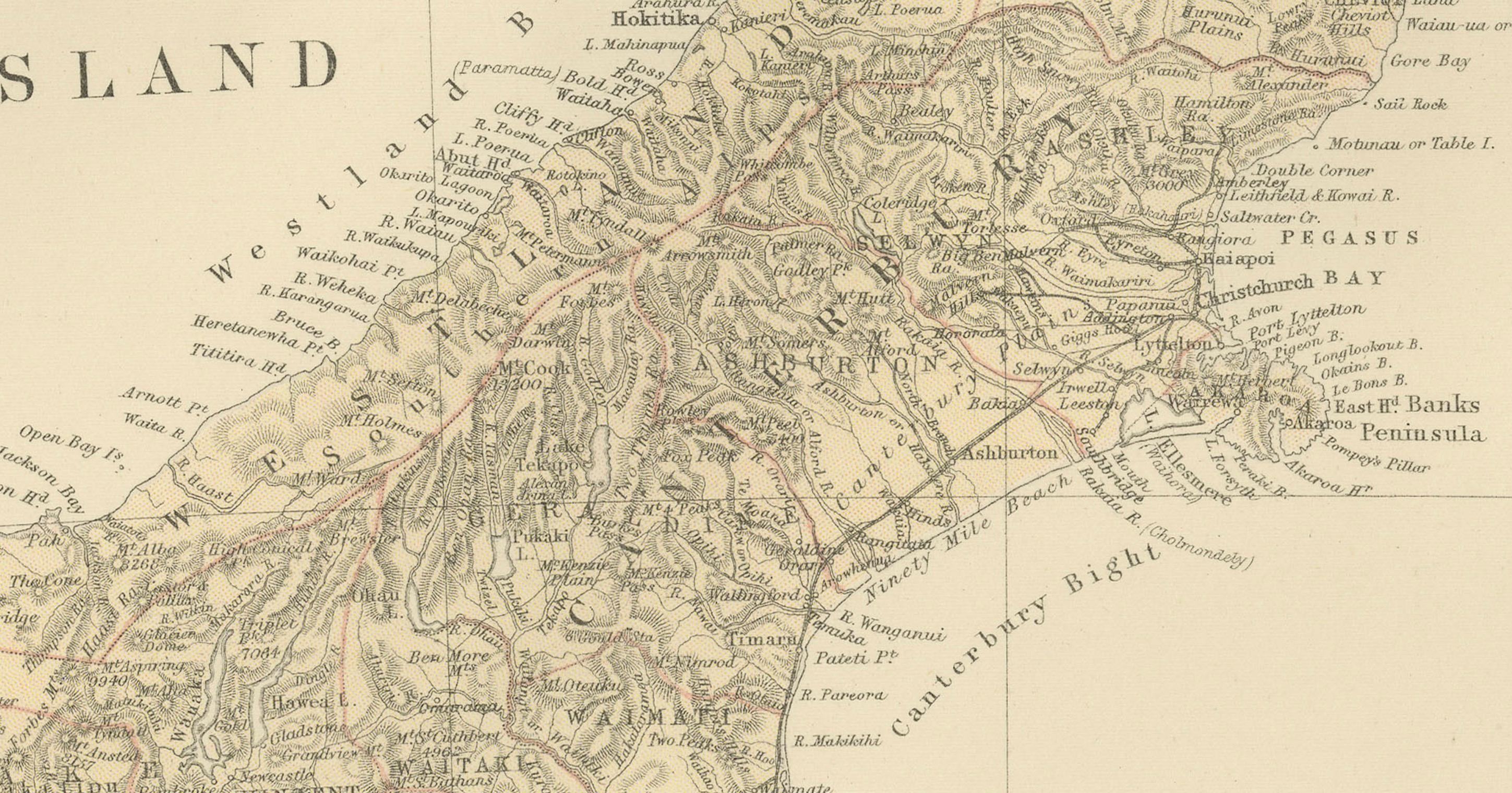 Late 19th Century 1882 Original Antique Map of New Zealand with Inset of Auckland's Environs For Sale