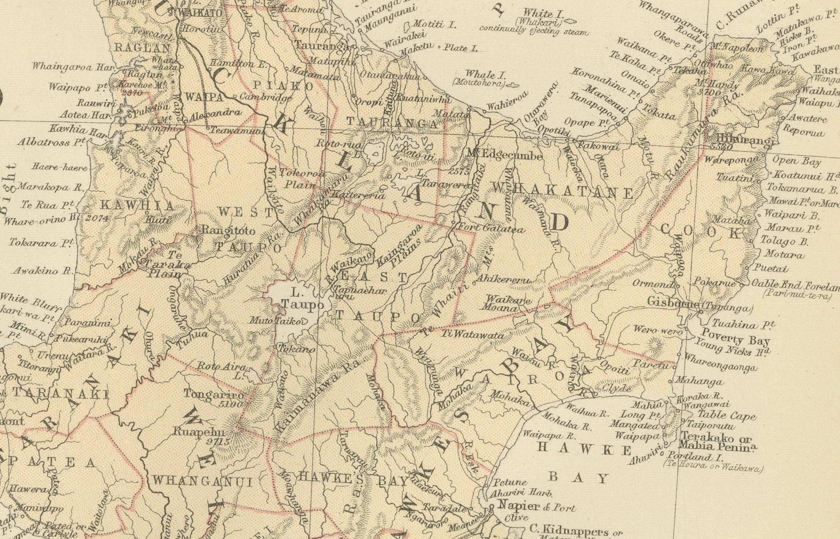 Paper 1882 Original Antique Map of New Zealand with Inset of Auckland's Environs For Sale