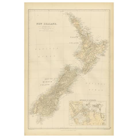 1882 Original Antique Map of New Zealand with Inset of Auckland's Environs