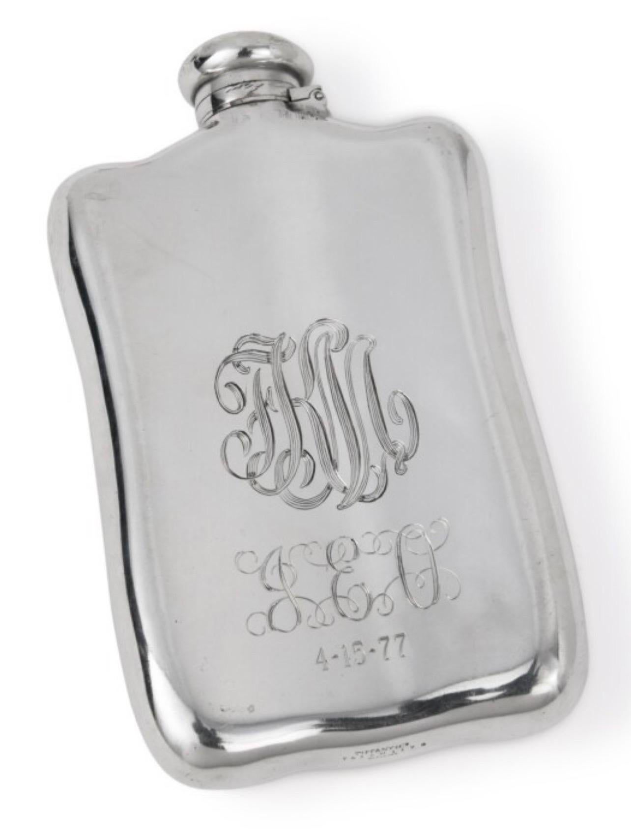This acid etched and engraved Tiffany sterling silver flask with full marks for 1882 might be the most fully articulated narrative in Tiffany flask history — and that’s saying a lot, given the talent of chasers and engravers for the firm in this