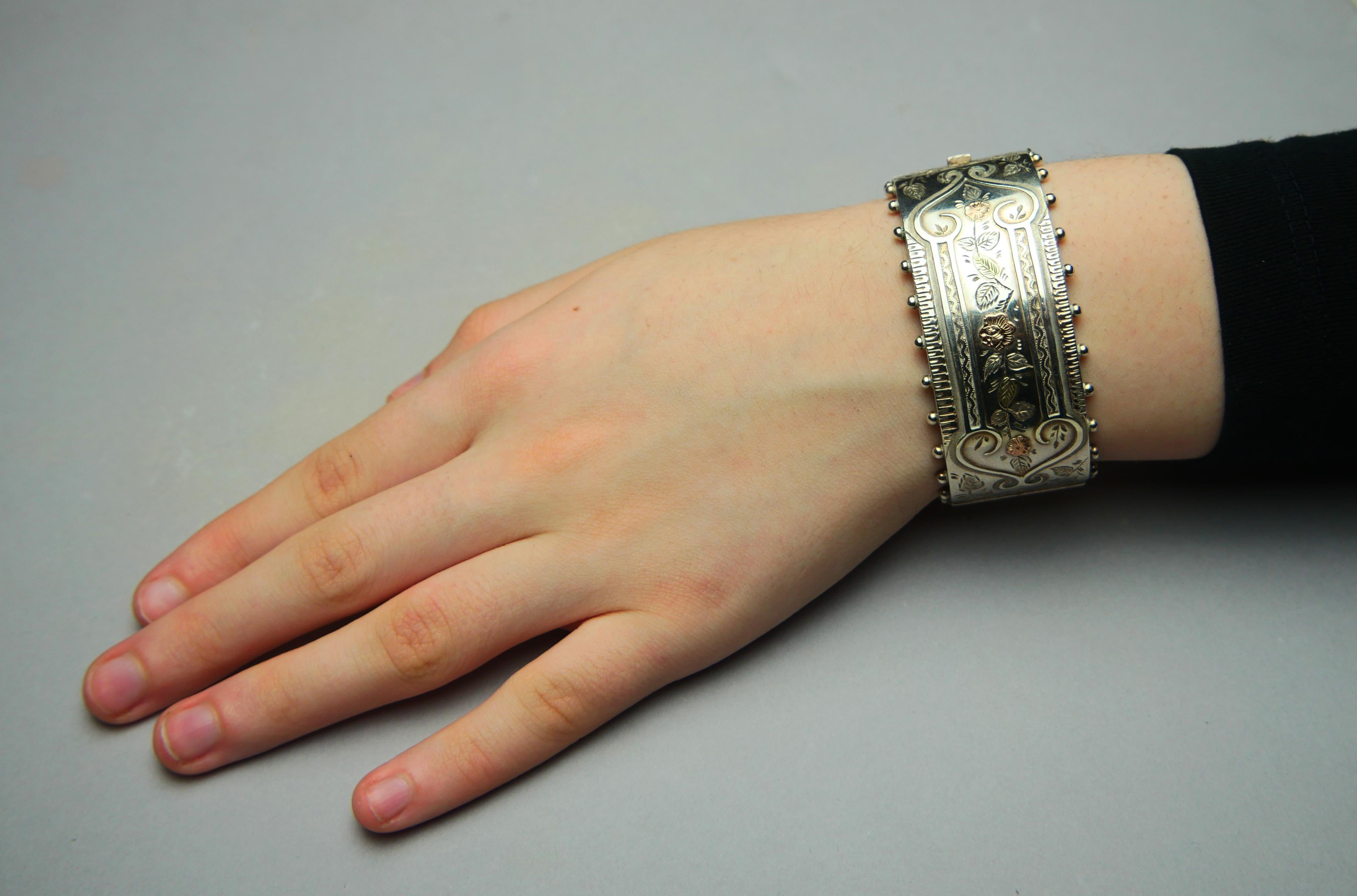 1883 Antique British Bracelet solid Sterling silver 14K Rose gold size S/M /36gr en vente 6