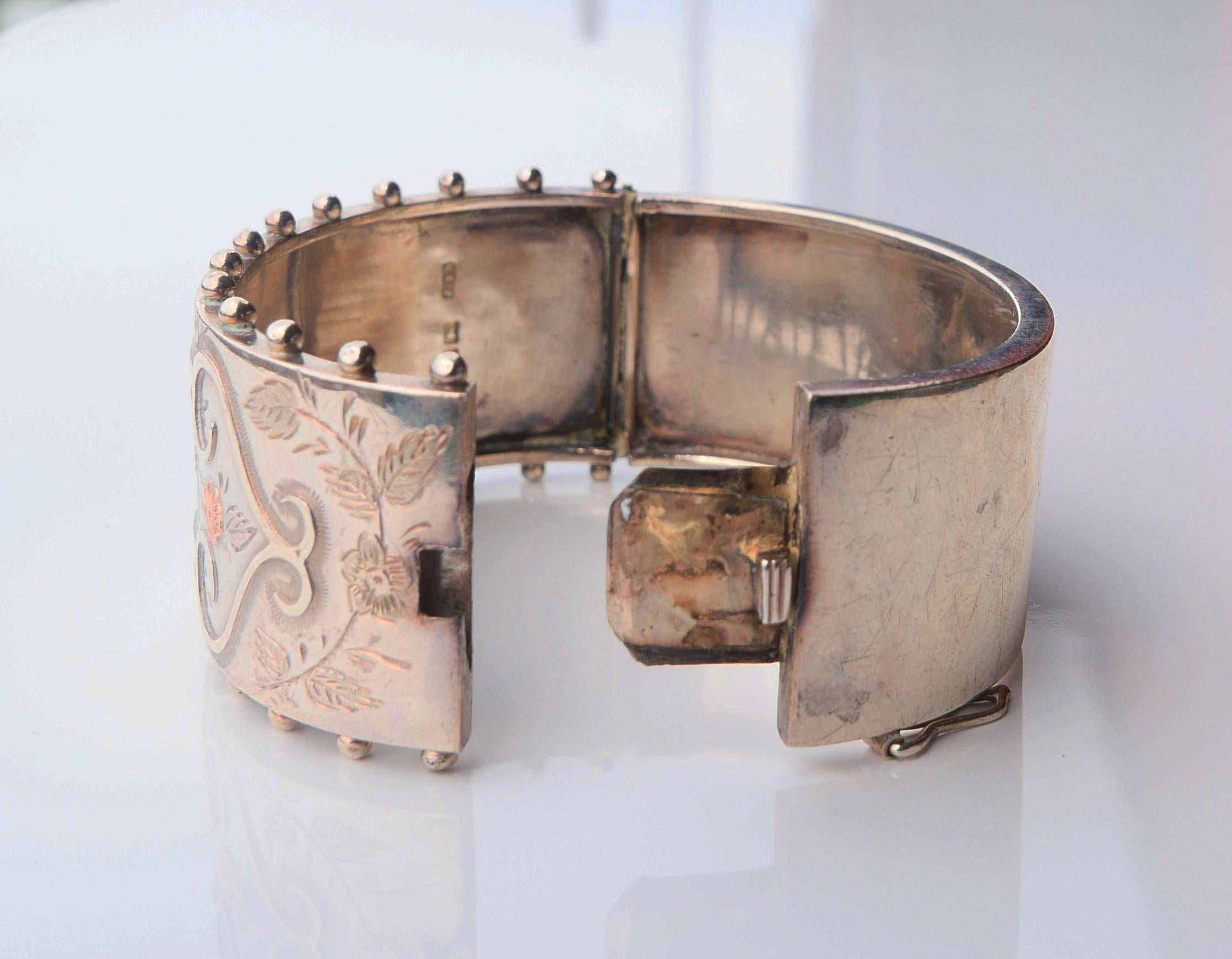 1883 Antique British Bracelet solid Sterling silver 14K Rose gold size S/M /36gr en vente 8