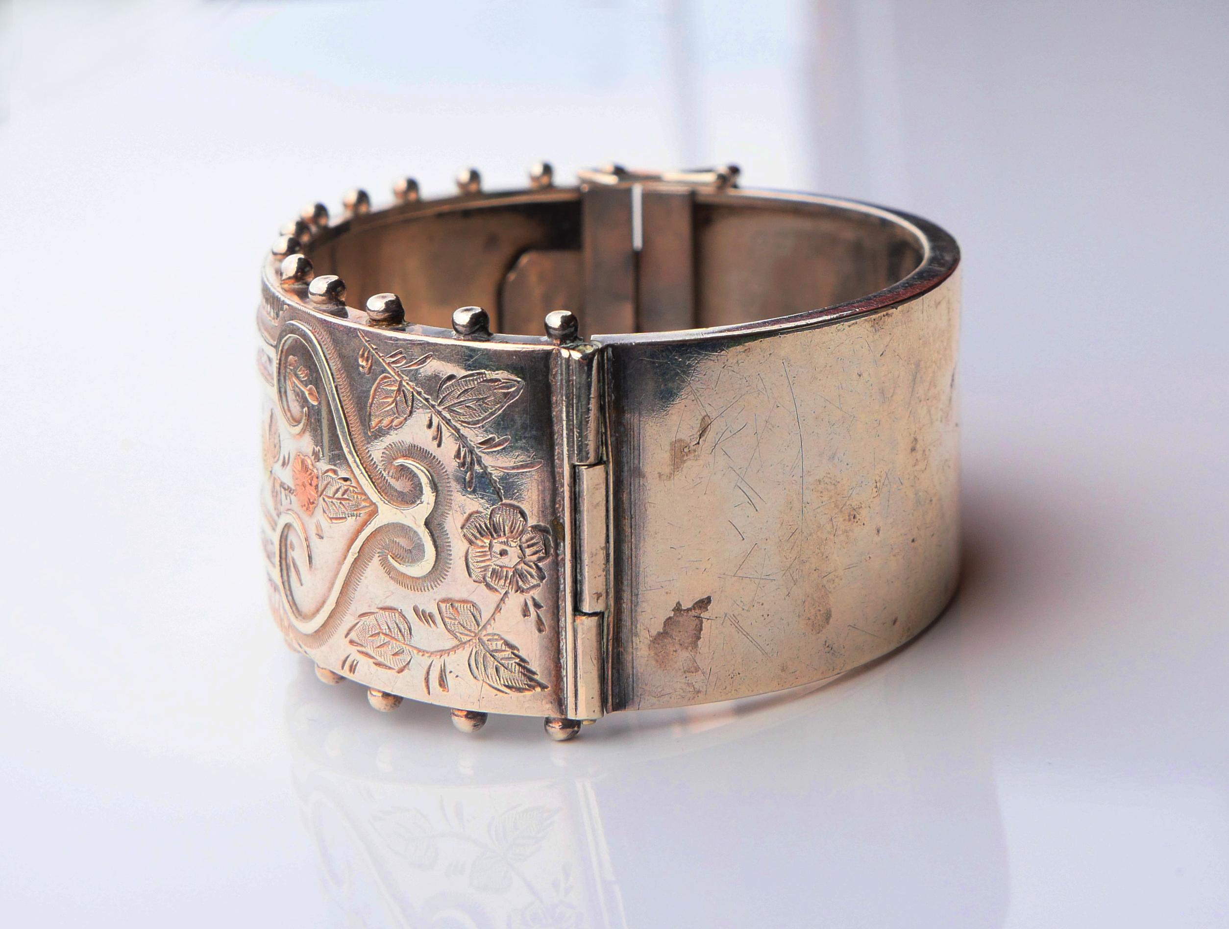 Belle Époque 1883 Antique British Bracelet solid Sterling silver 14K Rose gold size S/M /36gr en vente