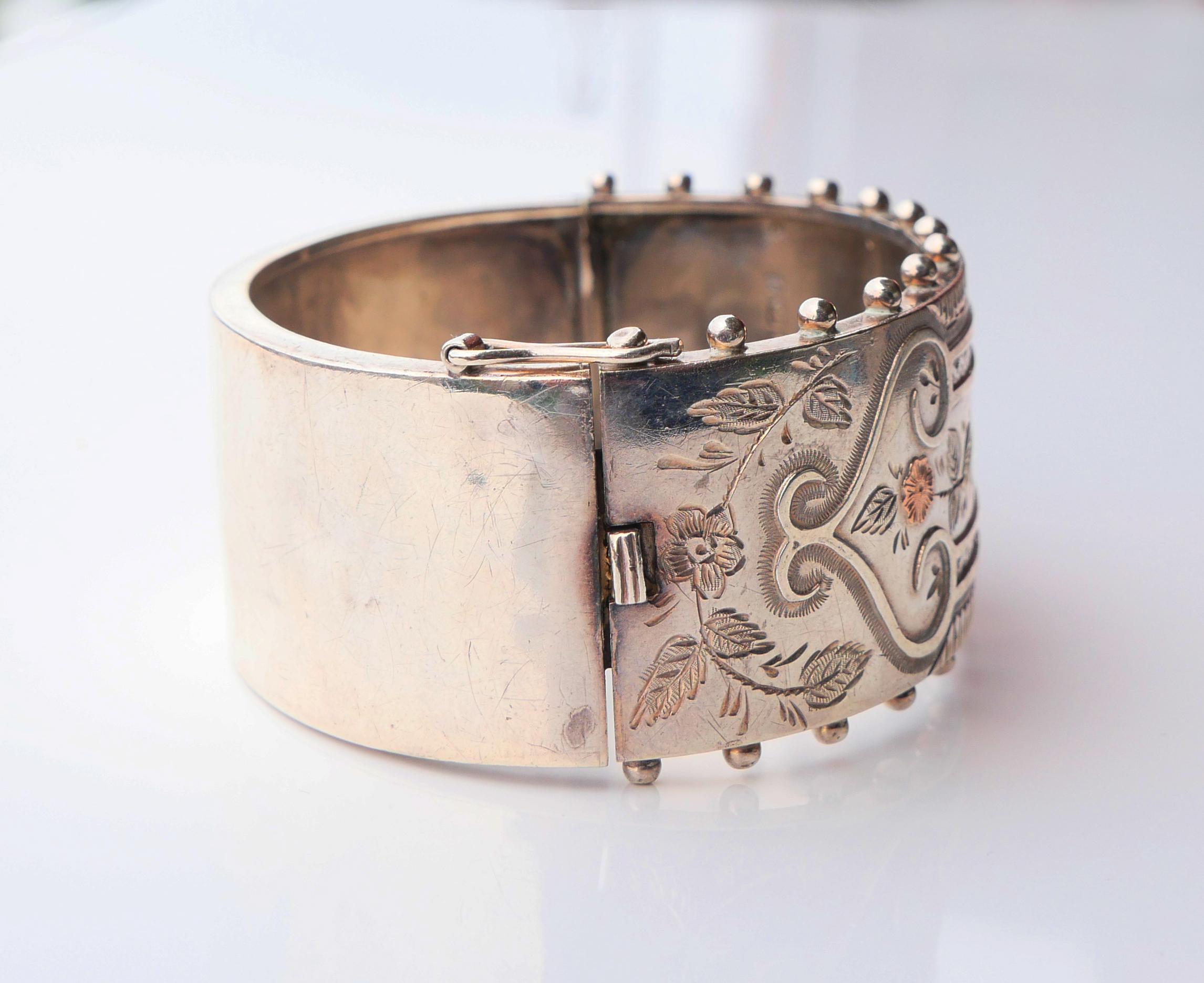 1883 Antique British Bracelet solid Sterling silver 14K Rose gold size S/M /36gr Pour femmes en vente