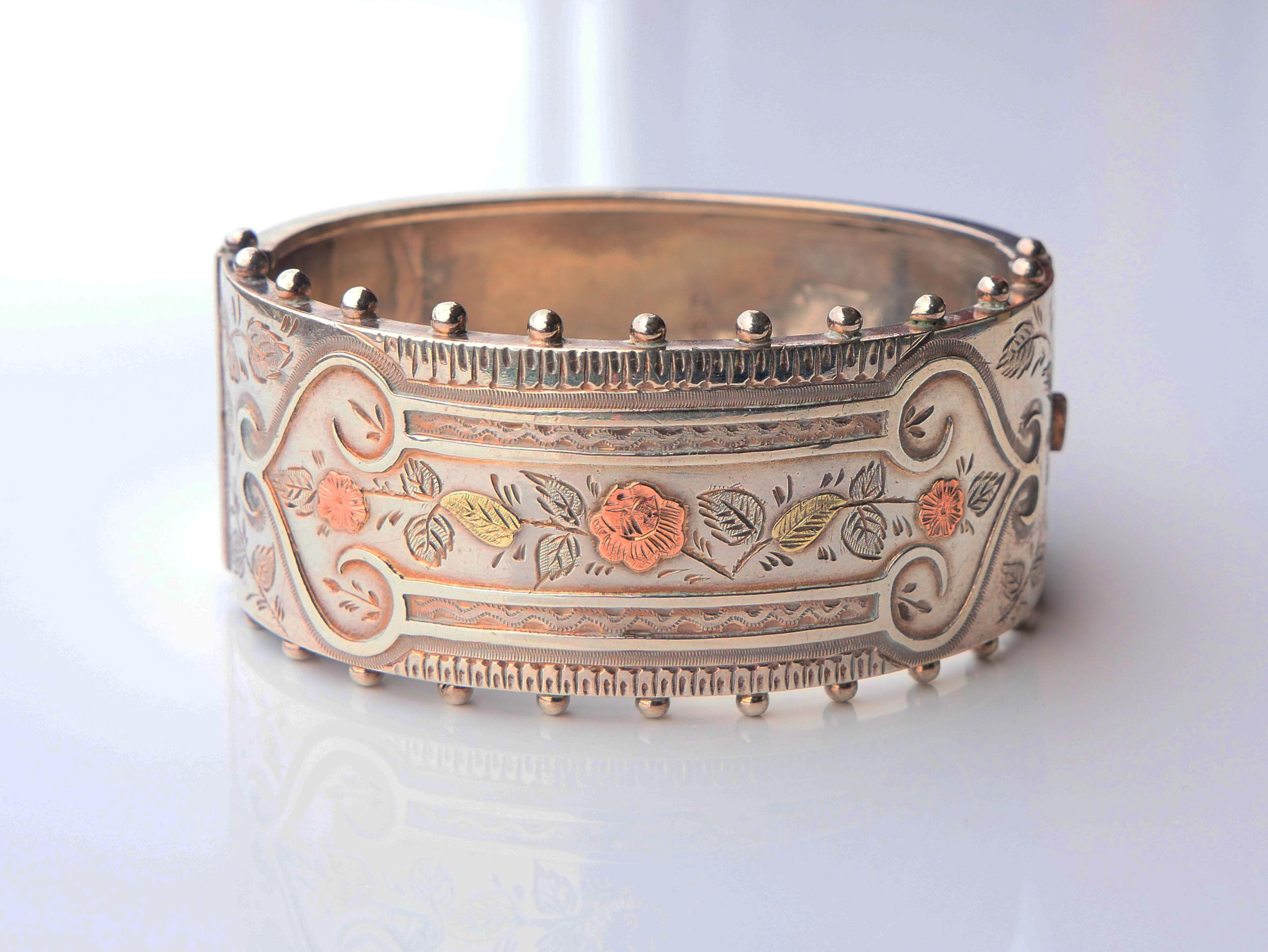 1883 Antique British Bracelet solid Sterling silver 14K Rose gold size S/M /36gr en vente 3