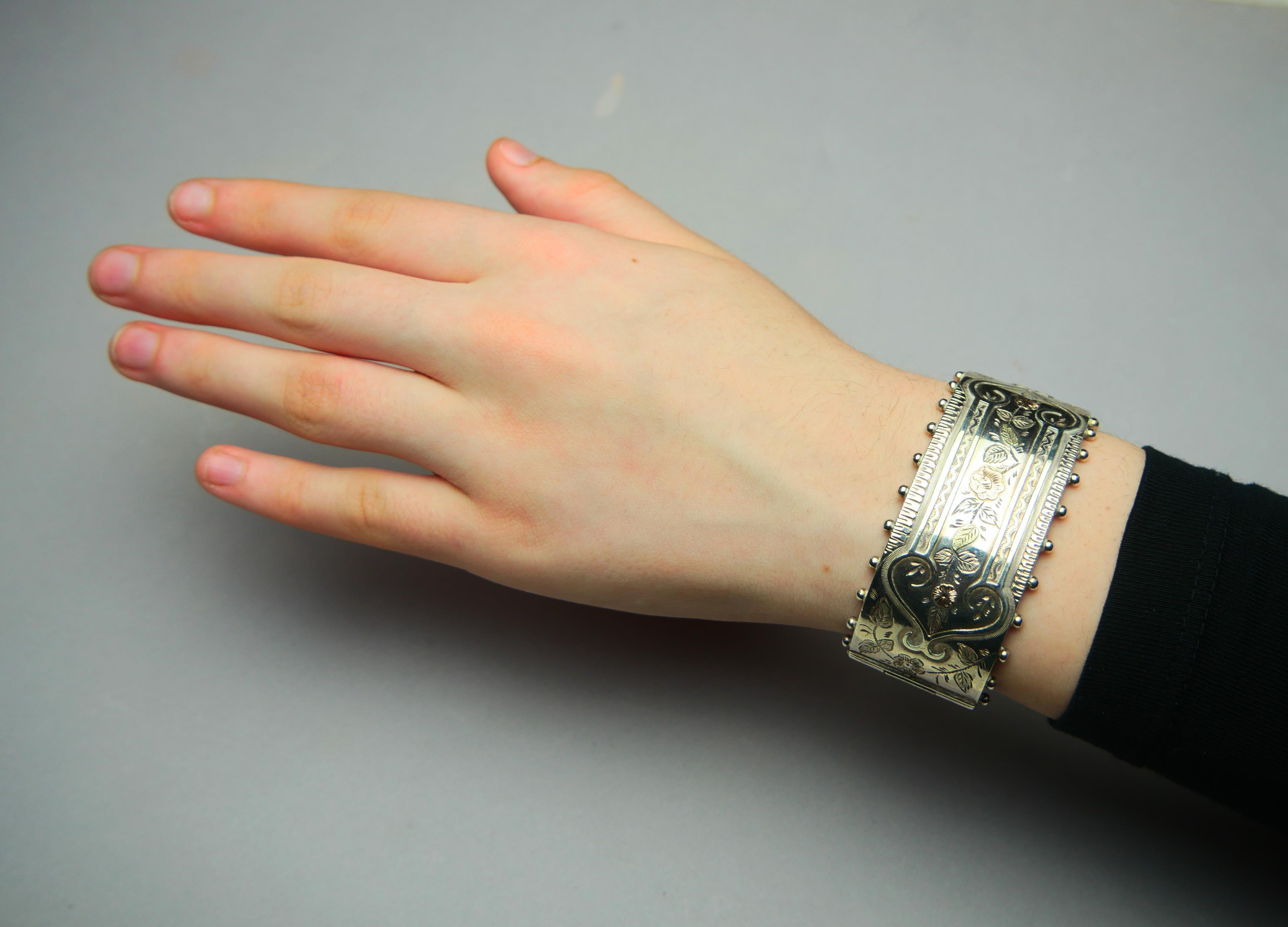 1883 Antique British Bracelet solid Sterling silver 14K Rose gold size S/M /36gr en vente 4