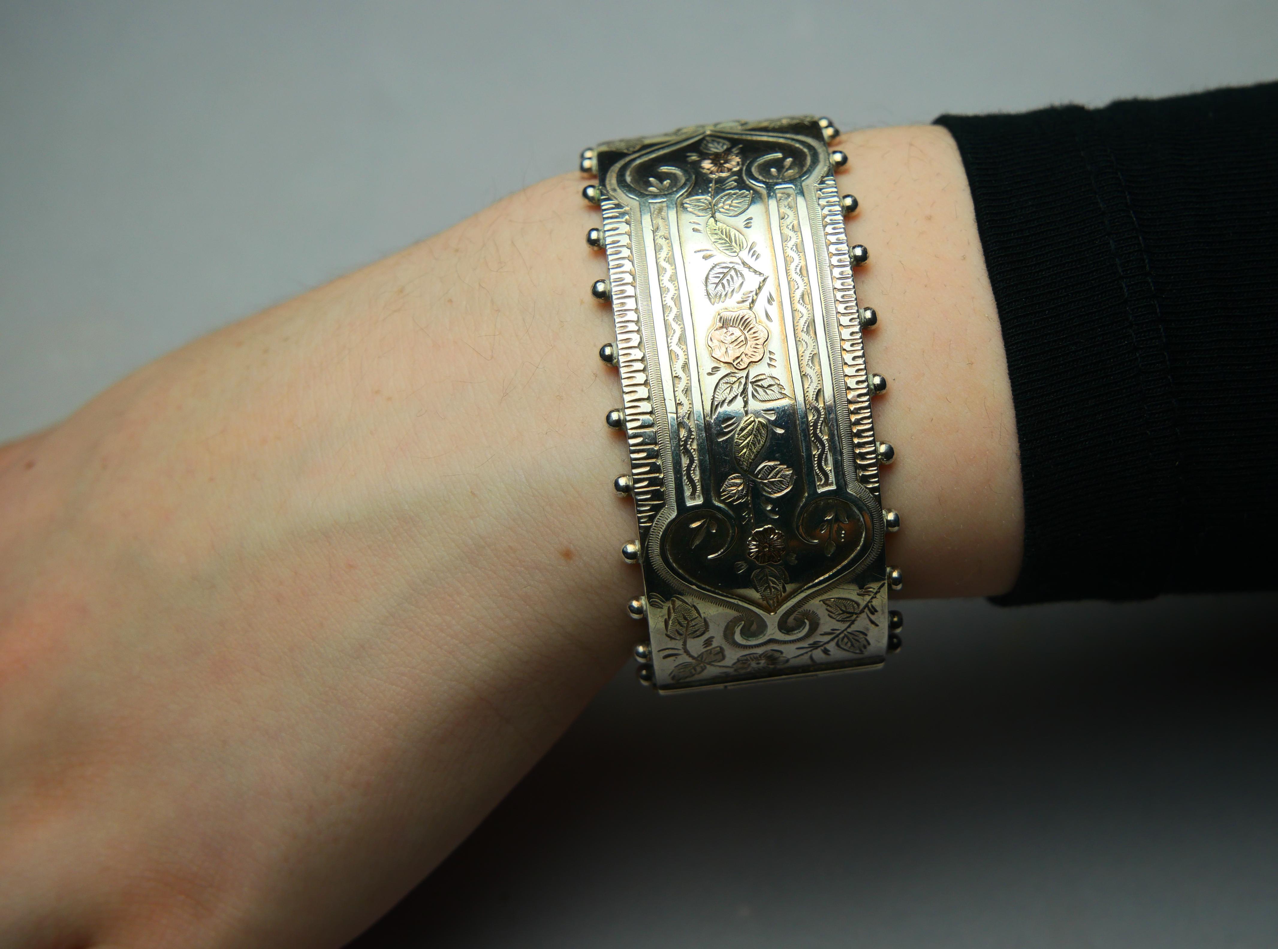 1883 Antique British Bracelet solid Sterling silver 14K Rose gold size S/M /36gr en vente 5