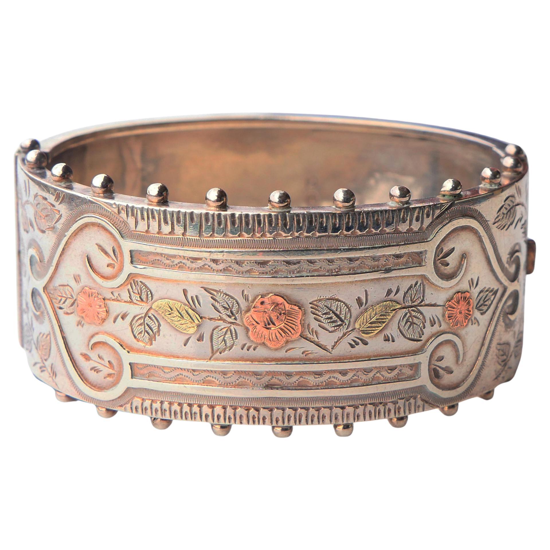 1883 Antique British Bracelet solid Sterling silver 14K Rose gold size S/M /36gr en vente