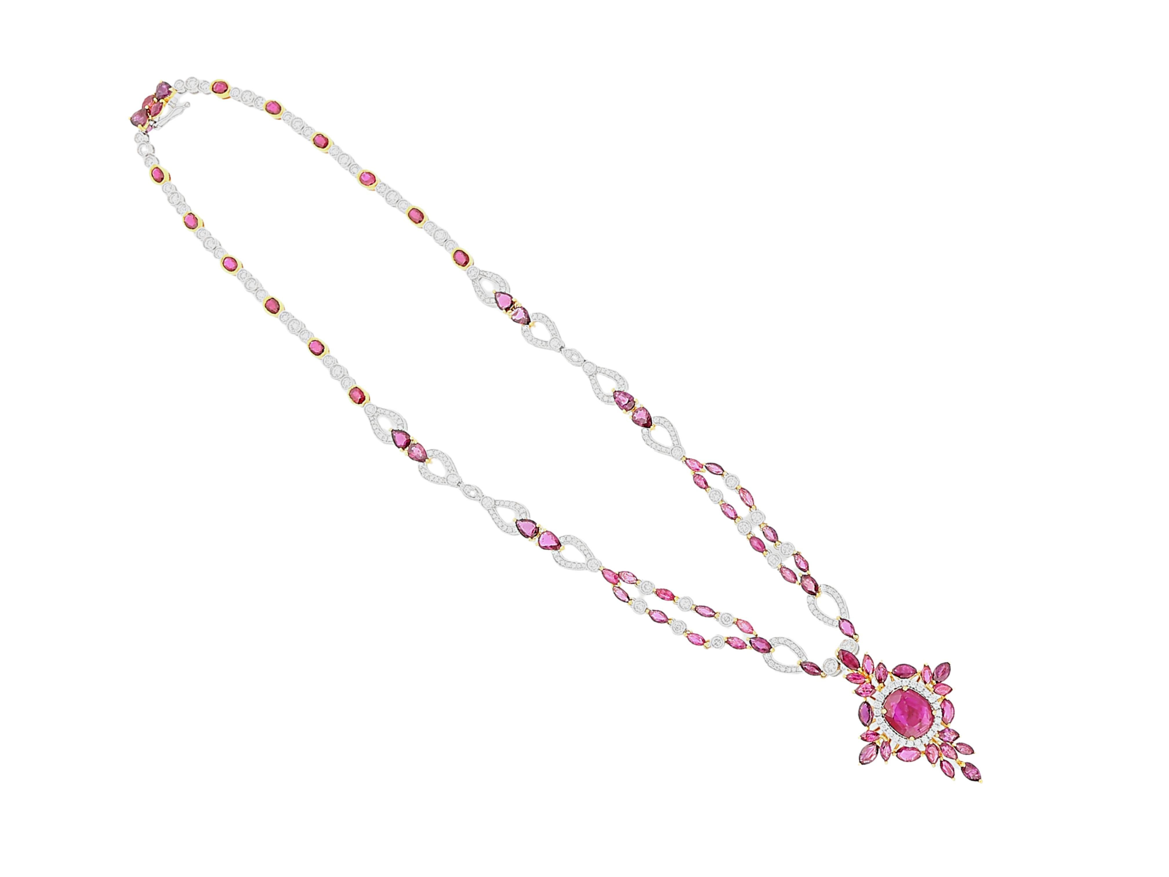 Retro 18.83 Carat Natural Ruby and Diamond Mixed Cut Cross Necklace in 18k Solid Gold For Sale