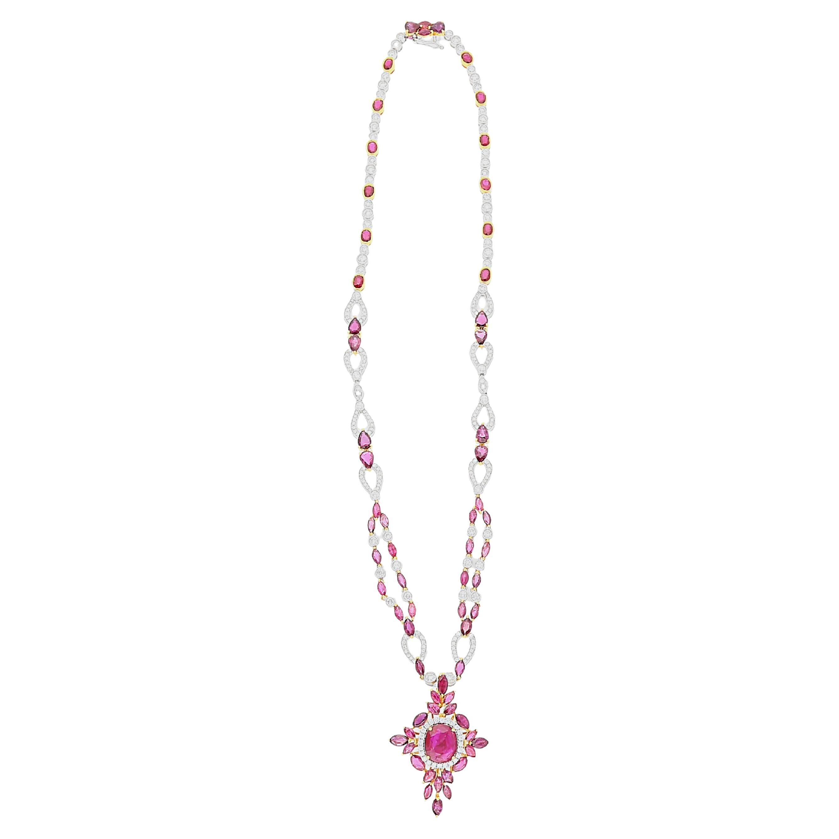 18.83 Carat Natural Ruby and Diamond Mixed Cut Cross Necklace in 18k Solid Gold For Sale