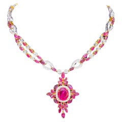18.83 Carat Natural Ruby and Diamond Mixed Cut Cross Necklace in 18k Solid Gold