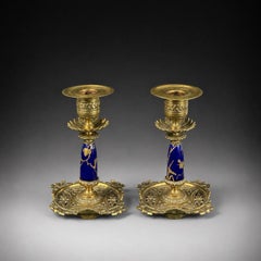 1883 English Pair of Victorian Brass Candlesticks with Cobalt Blue Enamel Panels