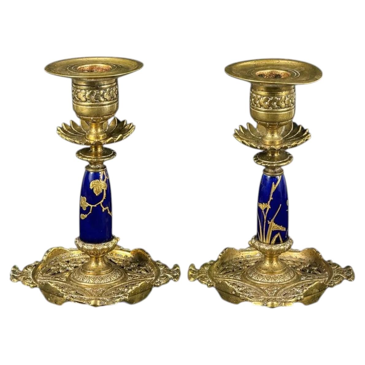 1883 English Pair of Victorian Brass Candlesticks with Cobalt Blue Enamel Panels