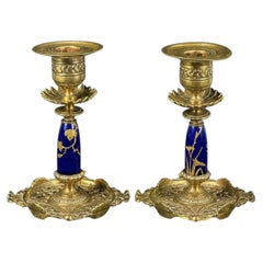 1883 English Pair of Victorian Brass Candlesticks with Cobalt Blue Enamel Panels