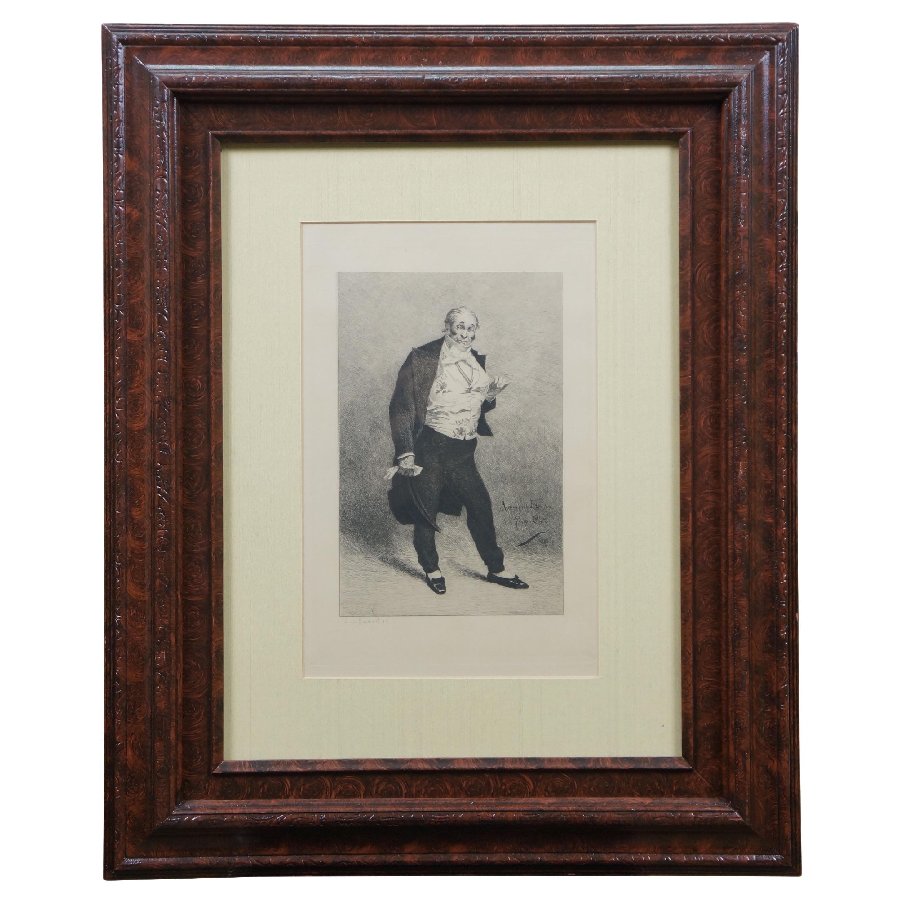 1883 French Antique Etching Self Portrait of Lhéritier Georges Cain Burled Frame im Angebot