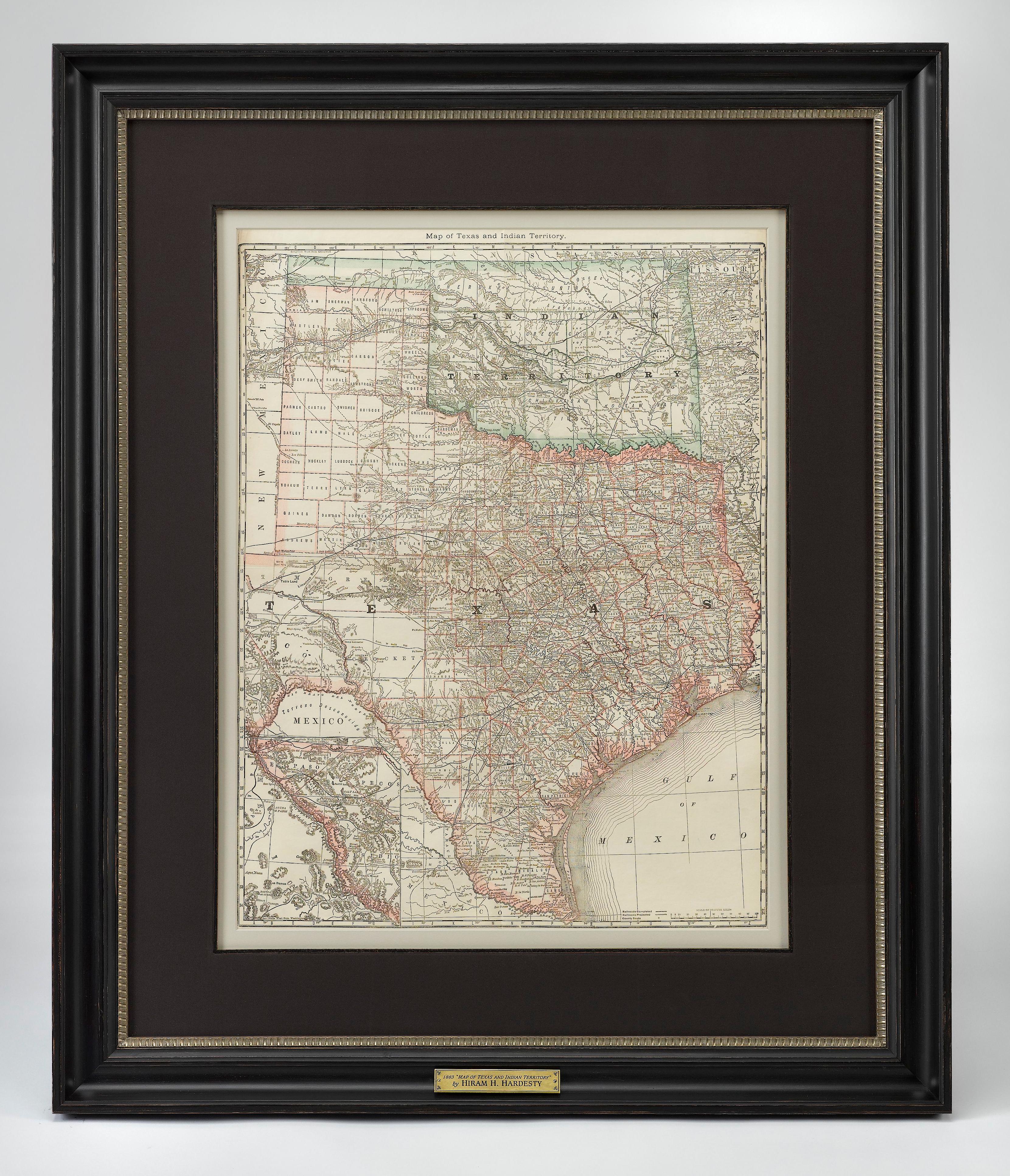 Presented is a very detailed “Map of Texas and Indian Territory” by Hiram H. Hardesty. This map is published in atlas form, originally part of the 1883 edition of Hardesty’s “Historical and Geographical Encyclopaedia.”

The map is very