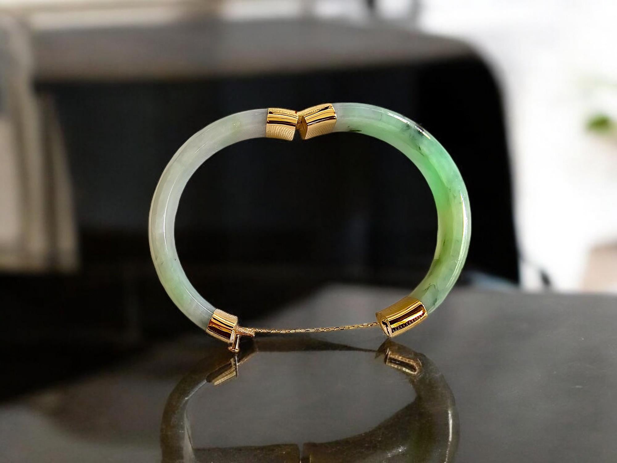 1883 Viceroy's Elliptical Burmese A-Jade Bangle Bracelet (with 14K Yellow Gold) In New Condition For Sale In Kowloon, HK