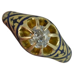Antique 1883 Victorian 18 Karat Gold Enamel 0.65ct Old Cut Diamond Solitaire Gypsy Ring 