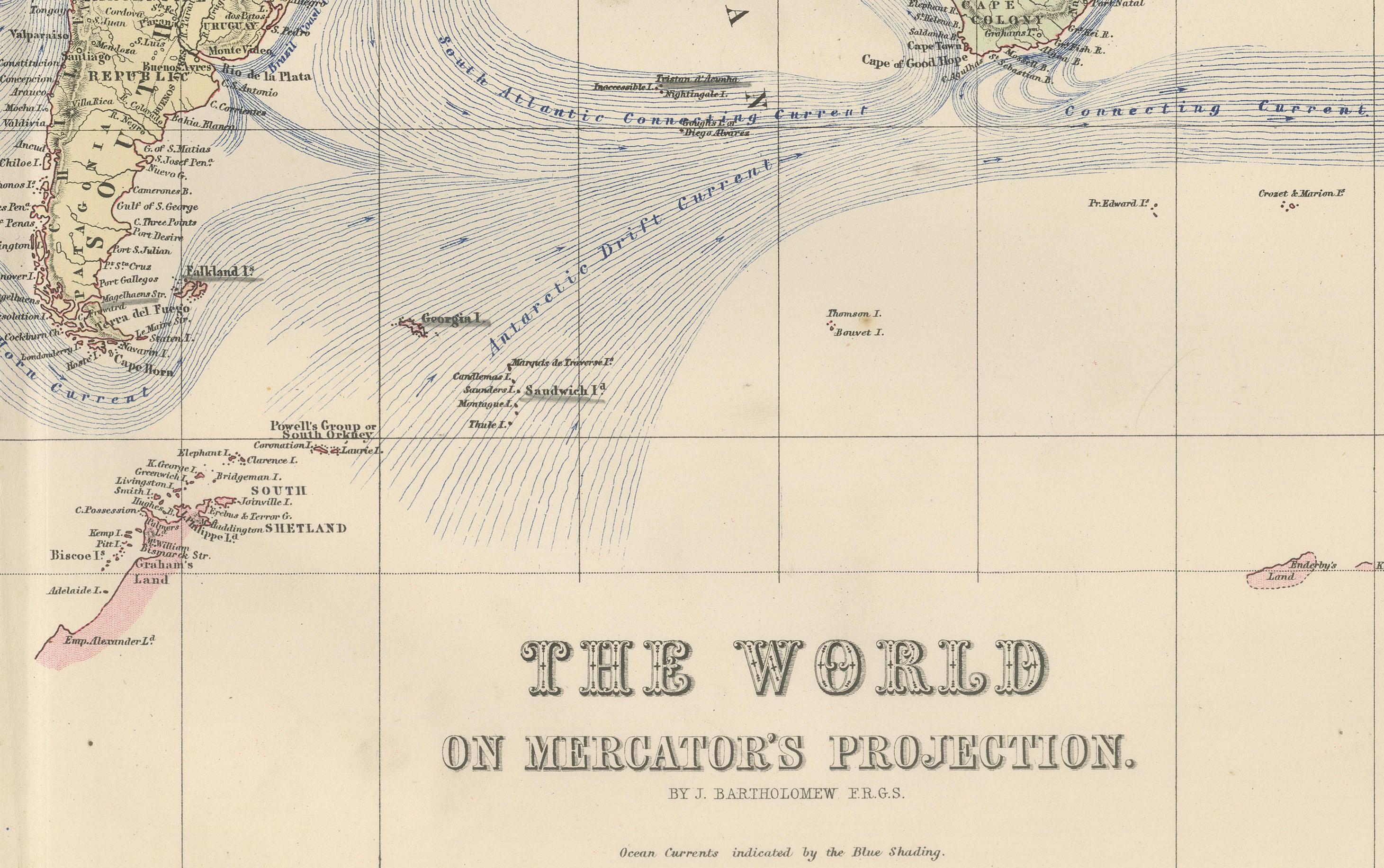 Écossais 1884 Carte du monde décorative ancienne - Projection de Mercator, Impression de l'époque victorienne en vente