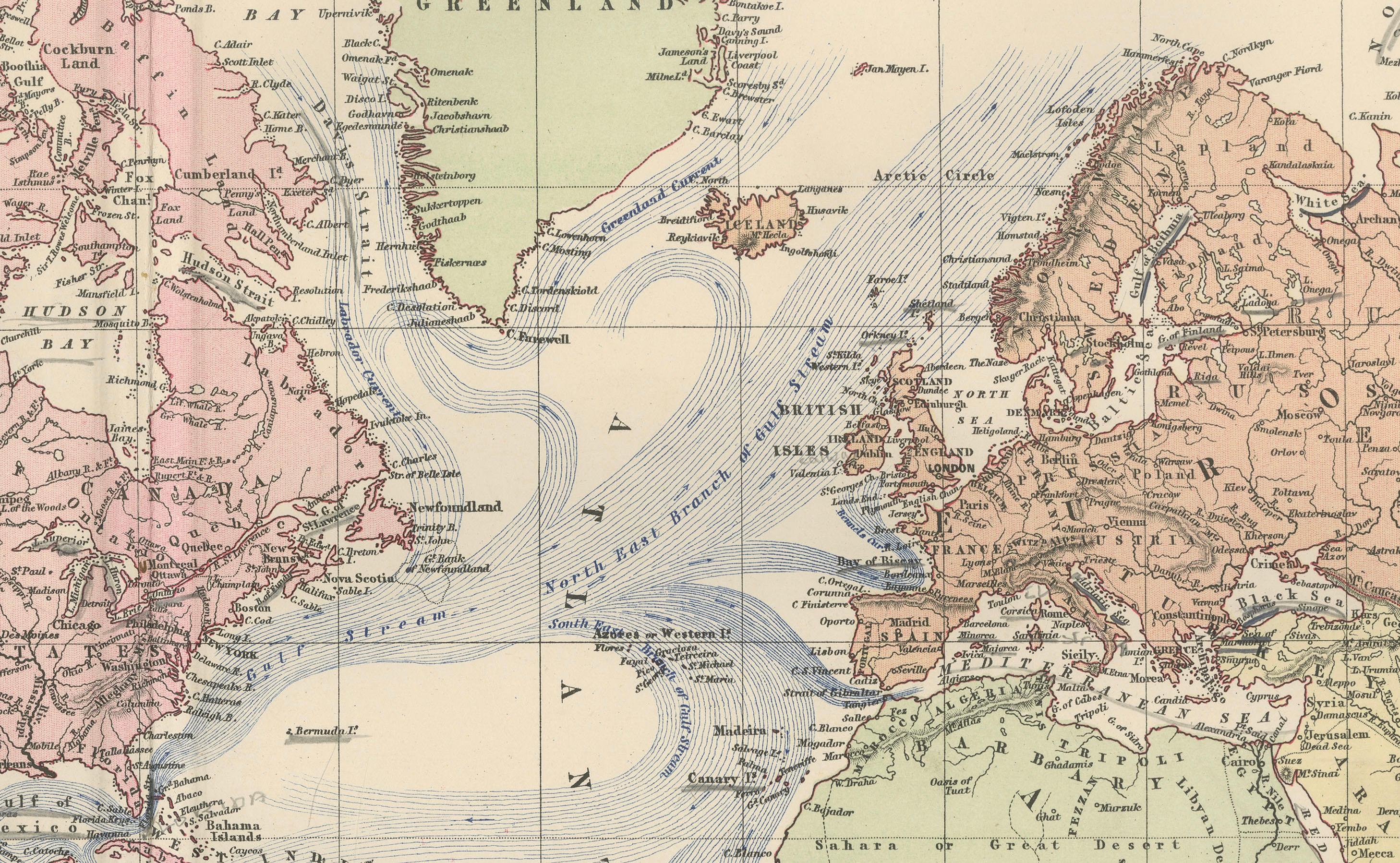 1884 Carte du monde décorative ancienne - Projection de Mercator, Impression de l'époque victorienne Bon état - En vente à Langweer, NL