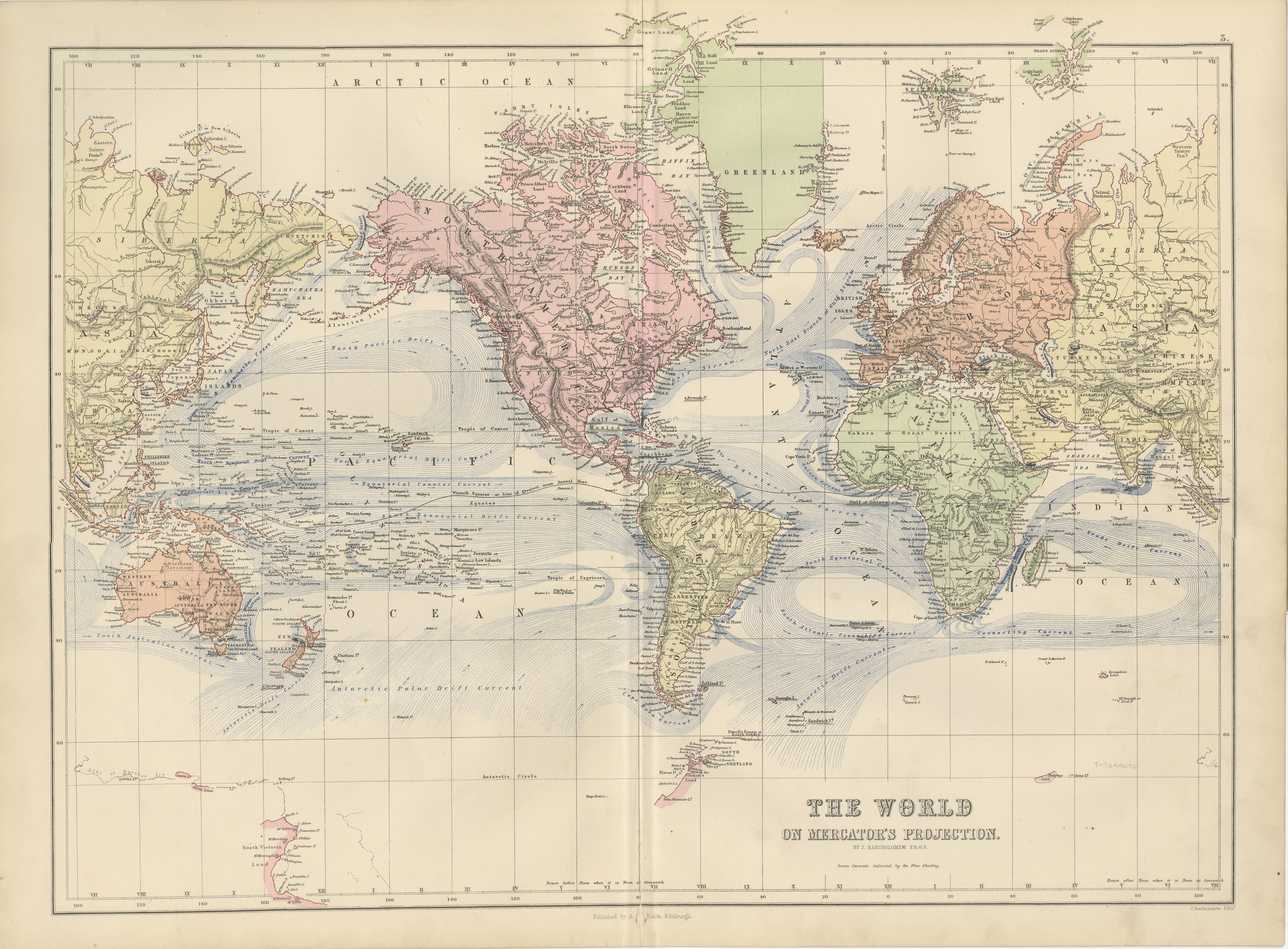 1884 Carte du monde décorative ancienne - Projection de Mercator, Impression de l'époque victorienne en vente 3