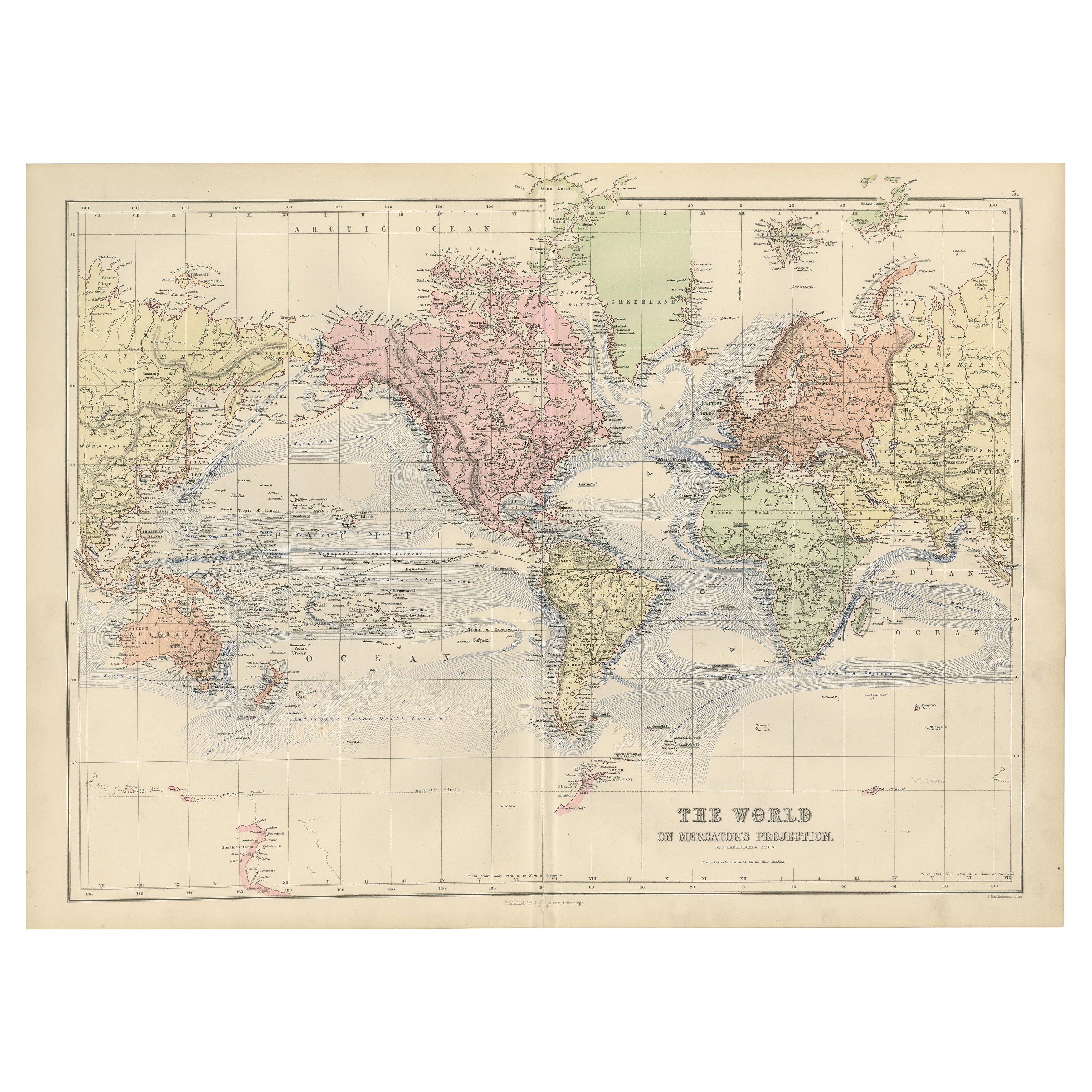 1884 Carte du monde décorative ancienne - Projection de Mercator, Impression de l'époque victorienne