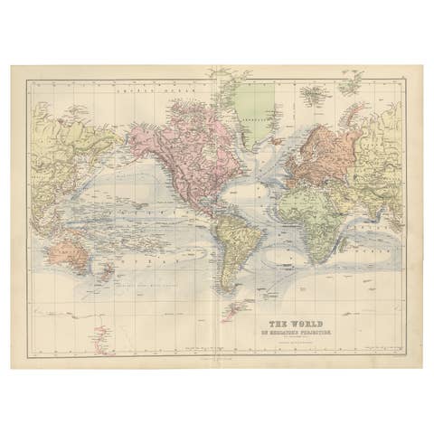 1884 Antique Decorative World Map – Mercator Projection, Victorian Era Print
