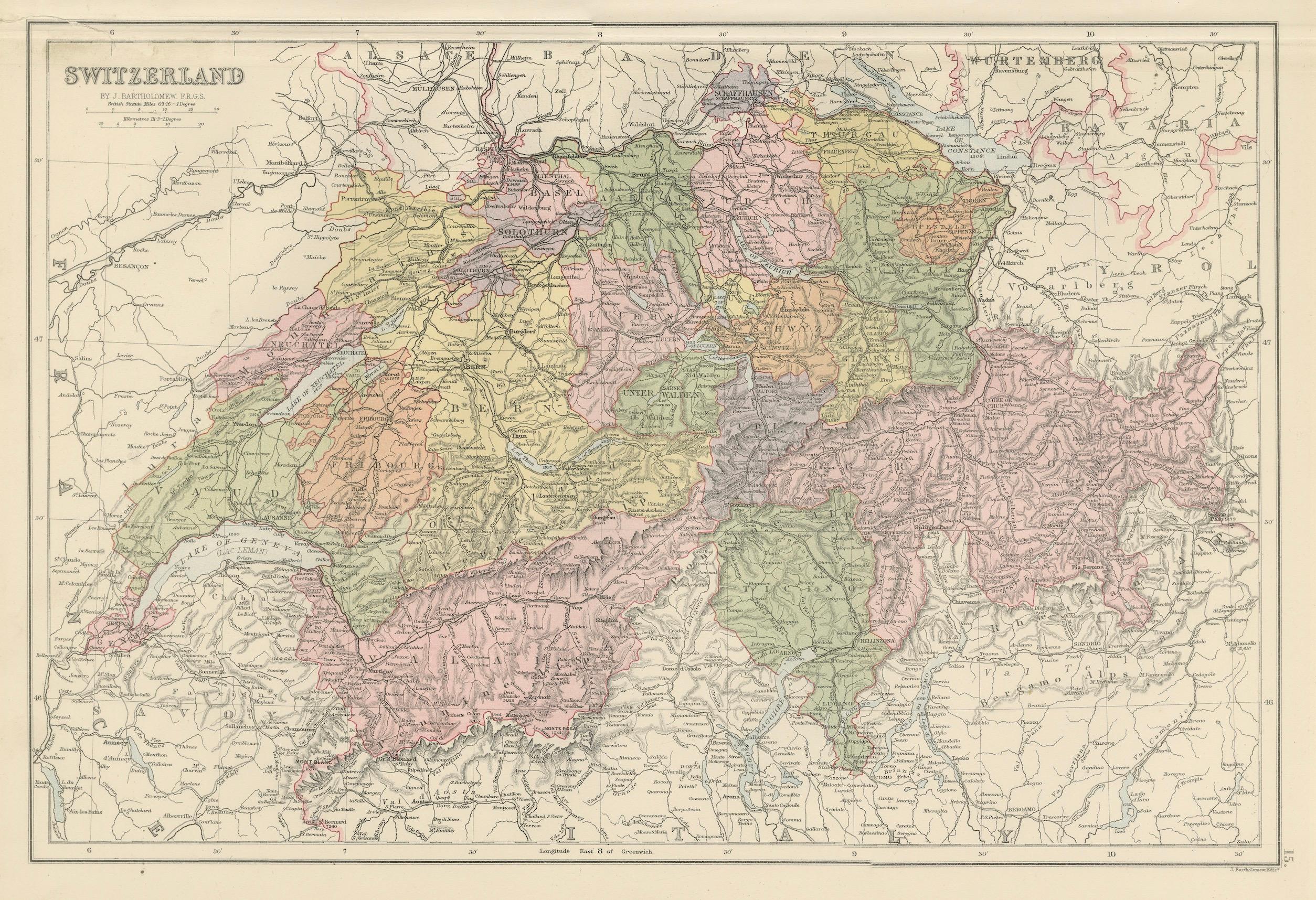 1884 Mapa Antiguo de Suiza - Divisiones Cantonales, Arte Victoriano de Pared en venta 4