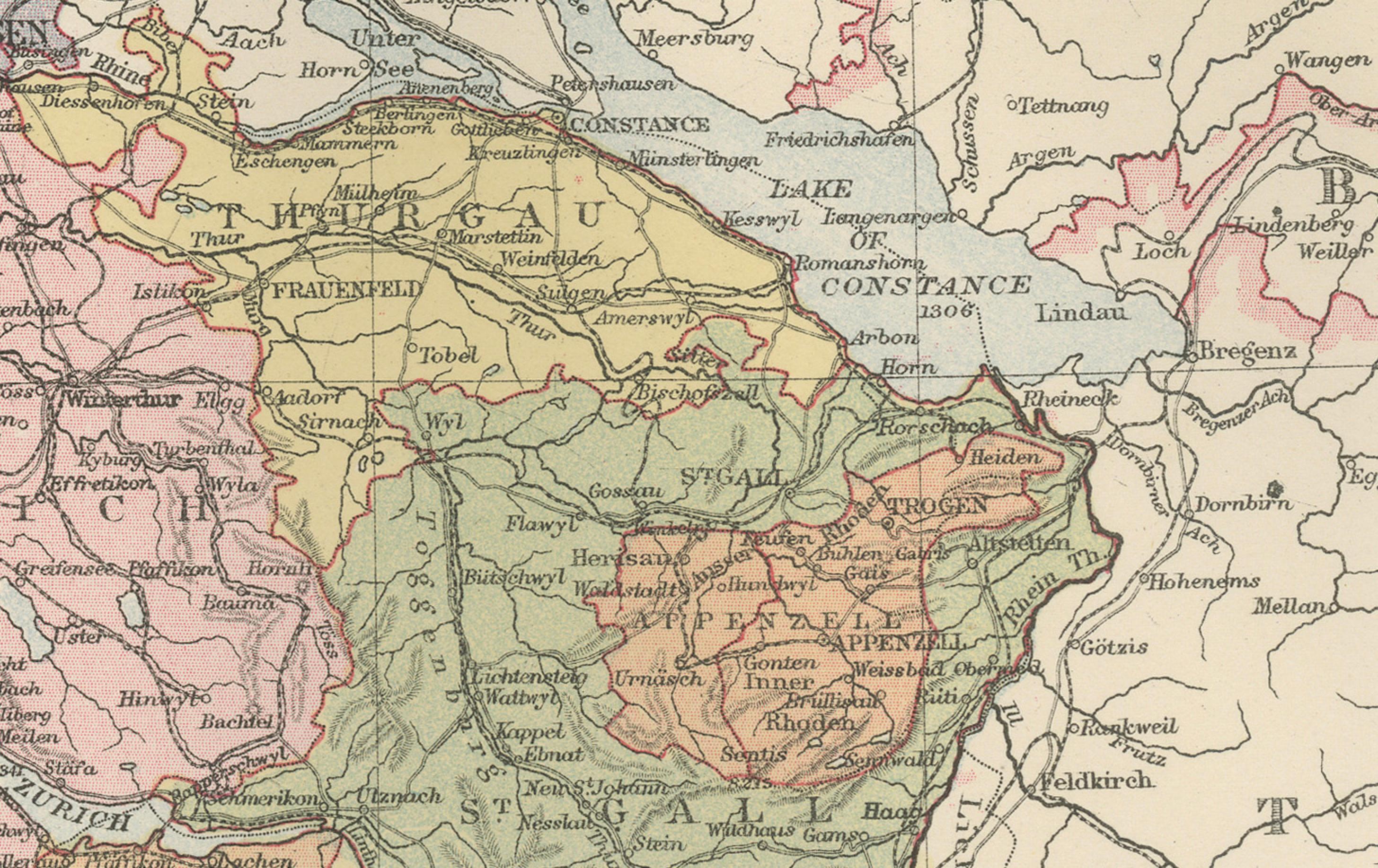 Mapa antiguo de Suiza con cantones - Atlas de Black, 1884

Este mapa de Suiza, bellamente grabado y coloreado a mano, se publicó en la Edición Nueva y Revisada del Atlas General del Mundo de Black, Edimburgo, 1884. Presenta Suiza dividida en sus