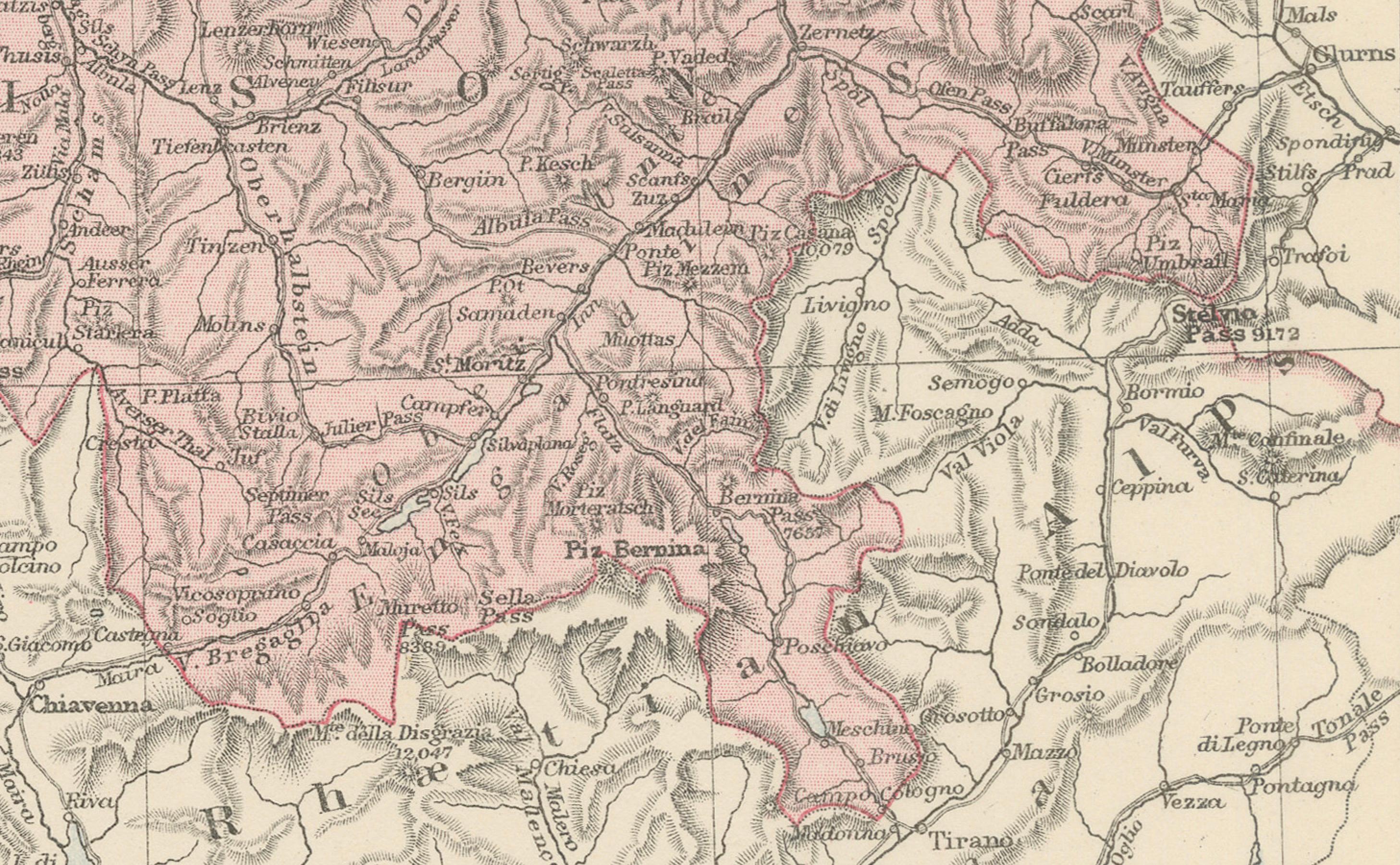 1884 Mapa Antiguo de Suiza - Divisiones Cantonales, Arte Victoriano de Pared en Bueno estado para la venta en Langweer, NL
