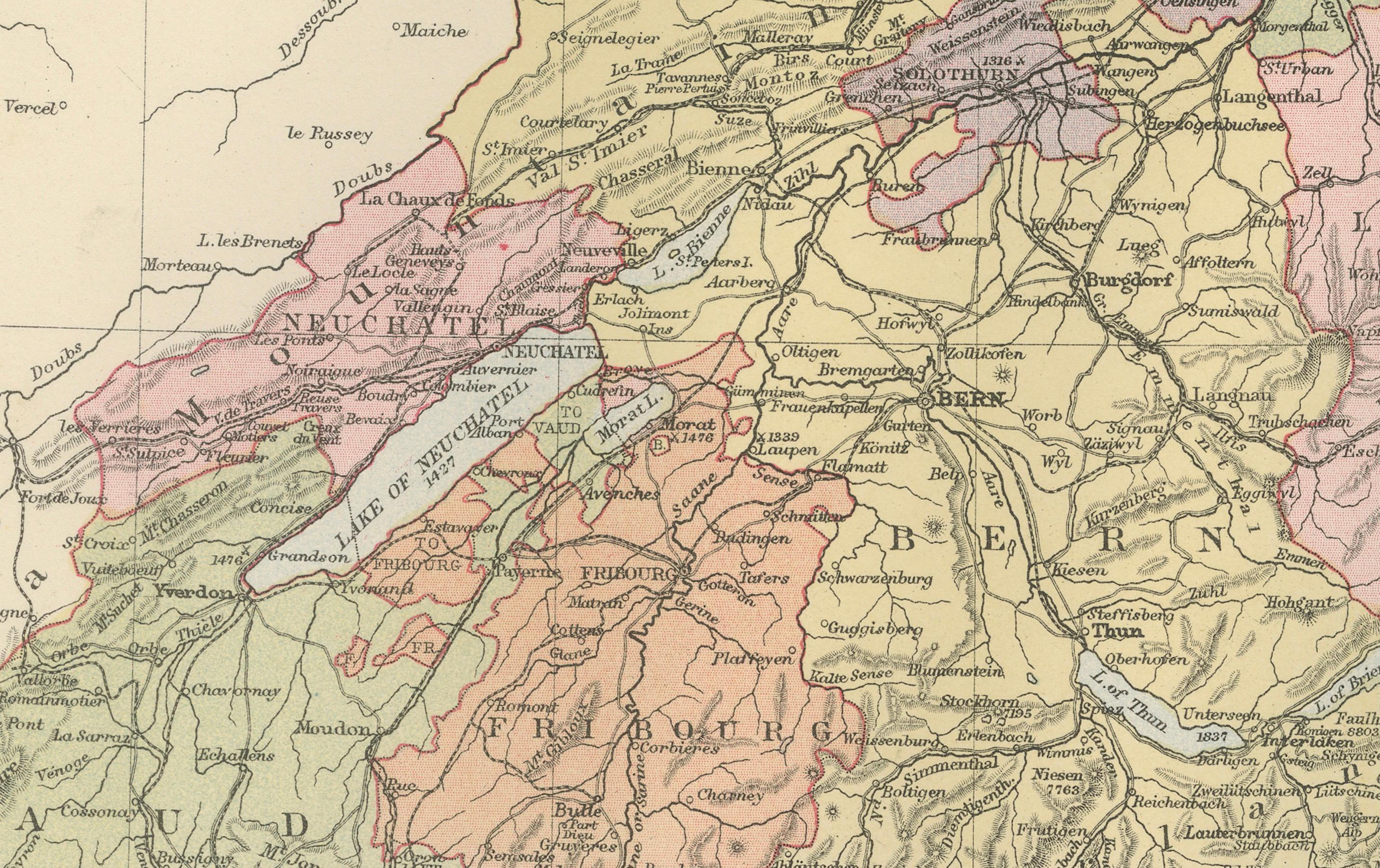 1884 Mapa Antiguo de Suiza - Divisiones Cantonales, Arte Victoriano de Pared en venta 2