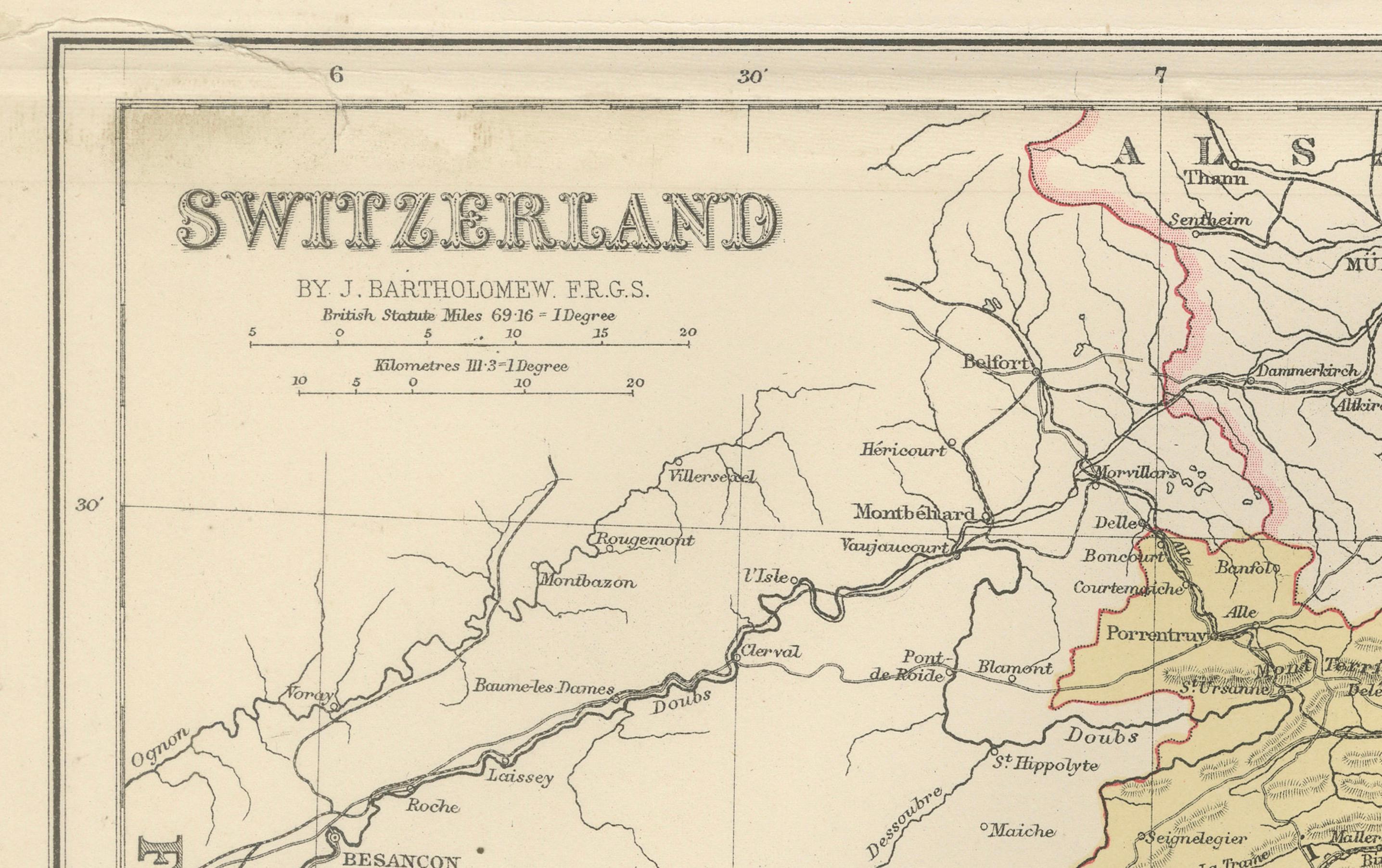 1884 Mapa Antiguo de Suiza - Divisiones Cantonales, Arte Victoriano de Pared en venta 3
