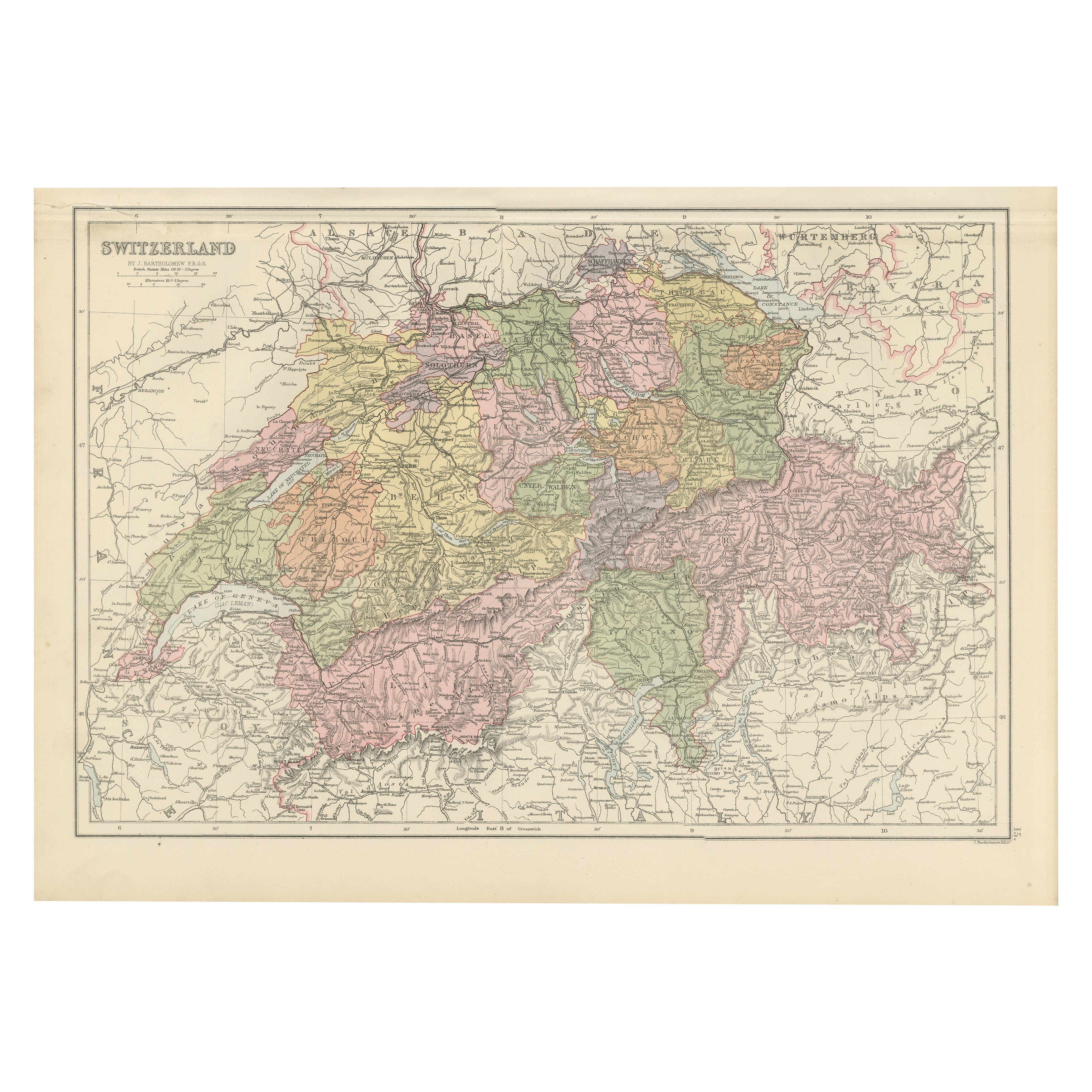 1884 Mapa Antiguo de Suiza - Divisiones Cantonales, Arte Victoriano de Pared