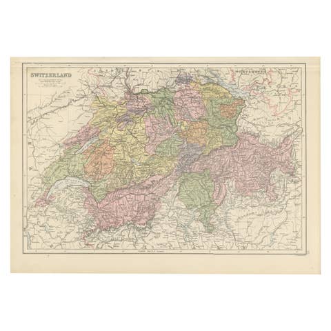 1884 Antique Map of Switzerland – Canton Divisions, Victorian Wall Art
