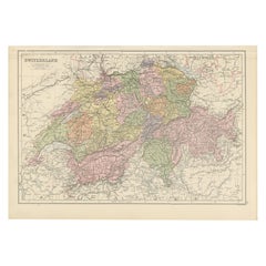 1884 Mapa Antiguo de Suiza - Divisiones Cantonales, Arte Victoriano de Pared