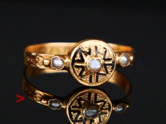 1884 Ring natürliche Saatperlen Emaille massiv 18K Gold Ø US6 / 1.1 gr