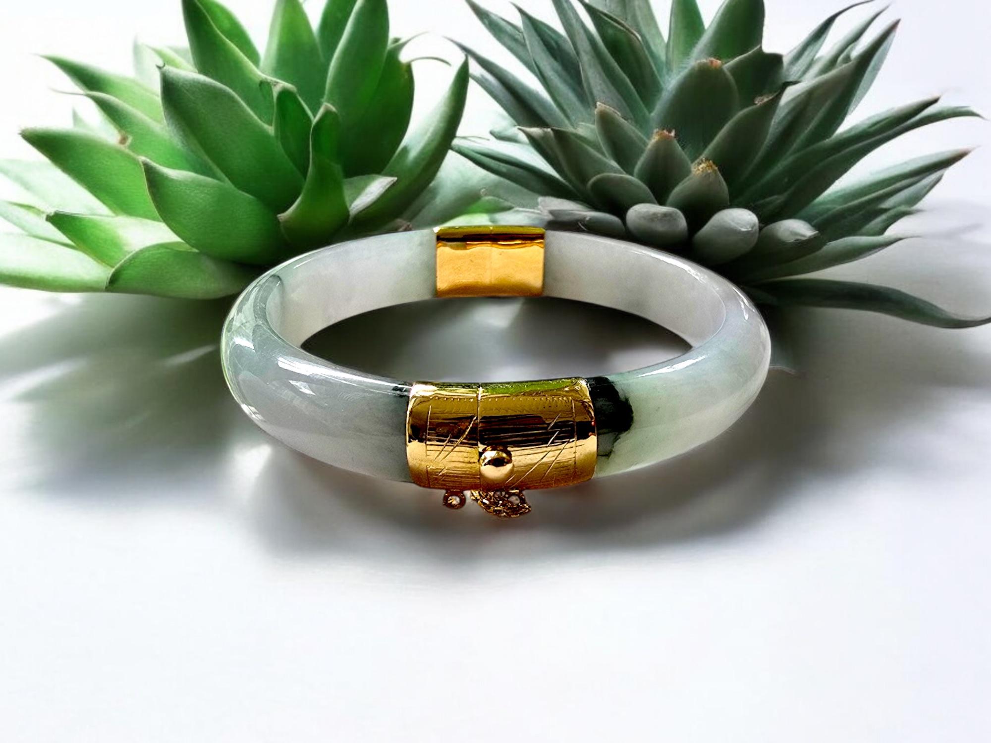 1884 Viceroy's Elliptical Burmese A-Jade Bangle Bracelet (with 14K Yellow Gold) For Sale 1